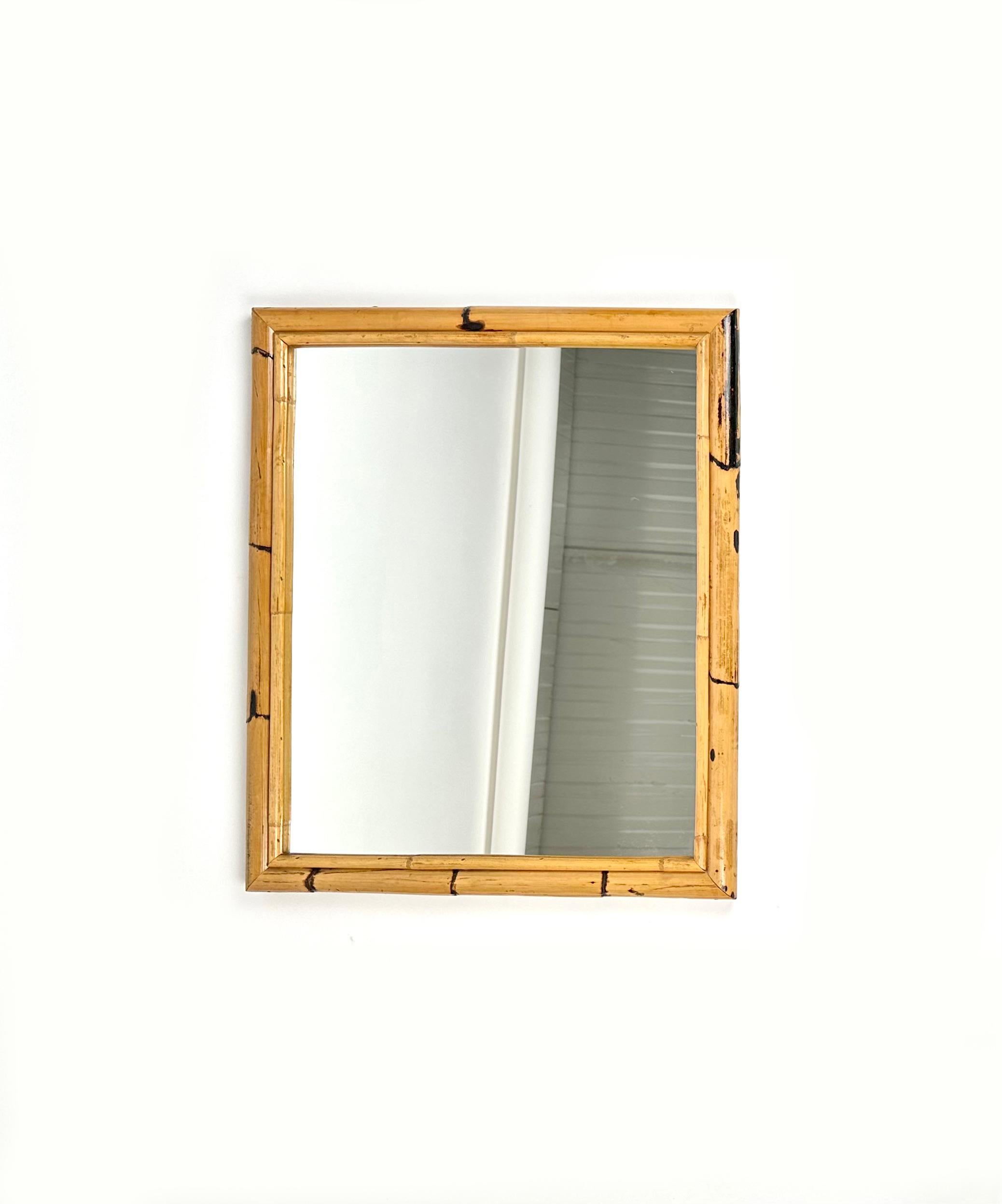 Midcentury Rectangular Wall Mirror Double Bamboo Frame, Italy 1970s In Good Condition For Sale In Rome, IT