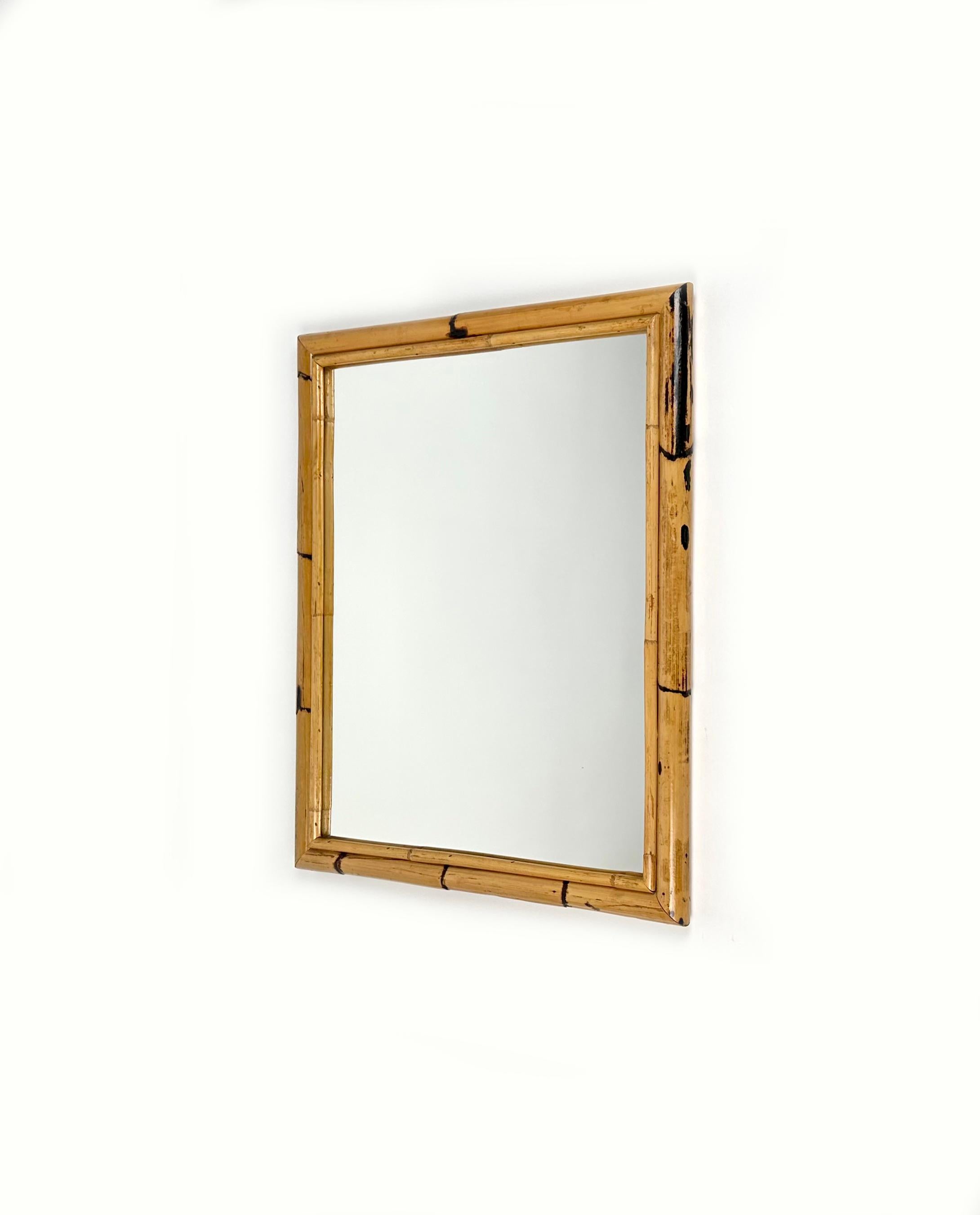 Late 20th Century Midcentury Rectangular Wall Mirror Double Bamboo Frame, Italy 1970s For Sale