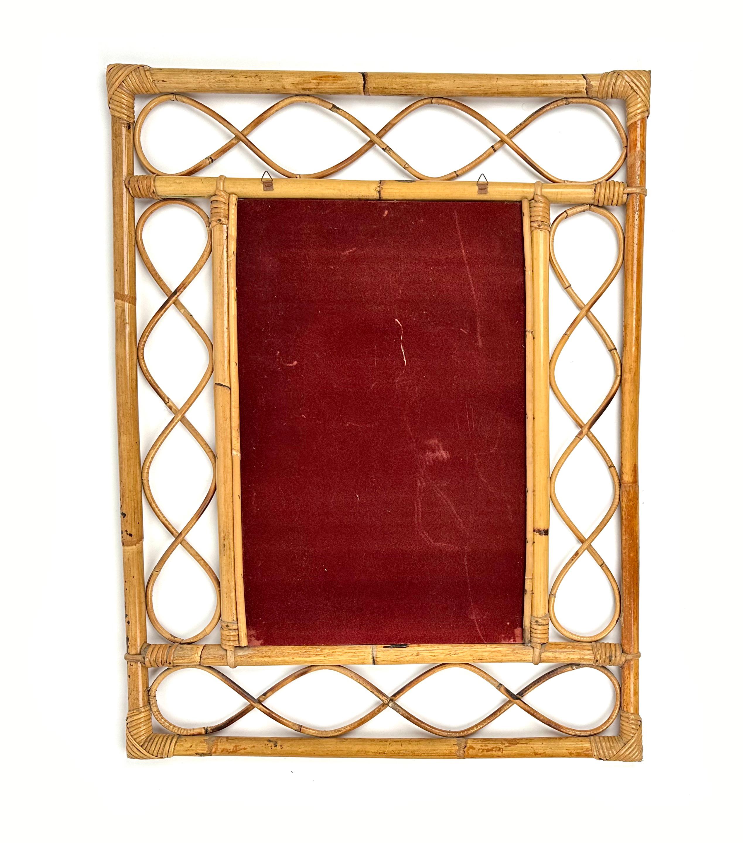 Midcentury Rectangular Wall Mirror in Bamboo and Rattan, Italy 1960s 5