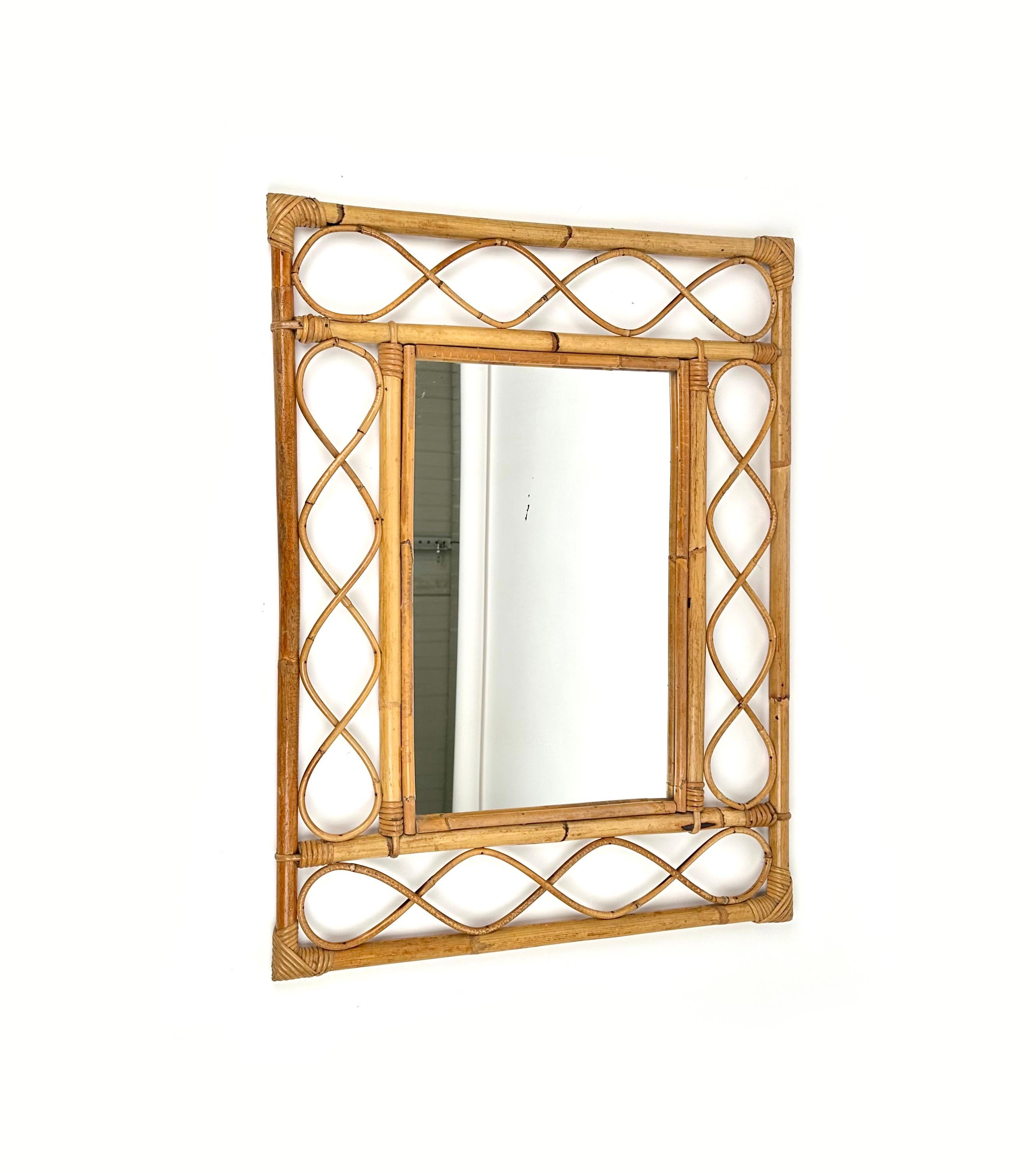 Mid-20th Century Midcentury Rectangular Wall Mirror in Bamboo and Rattan, Italy 1960s