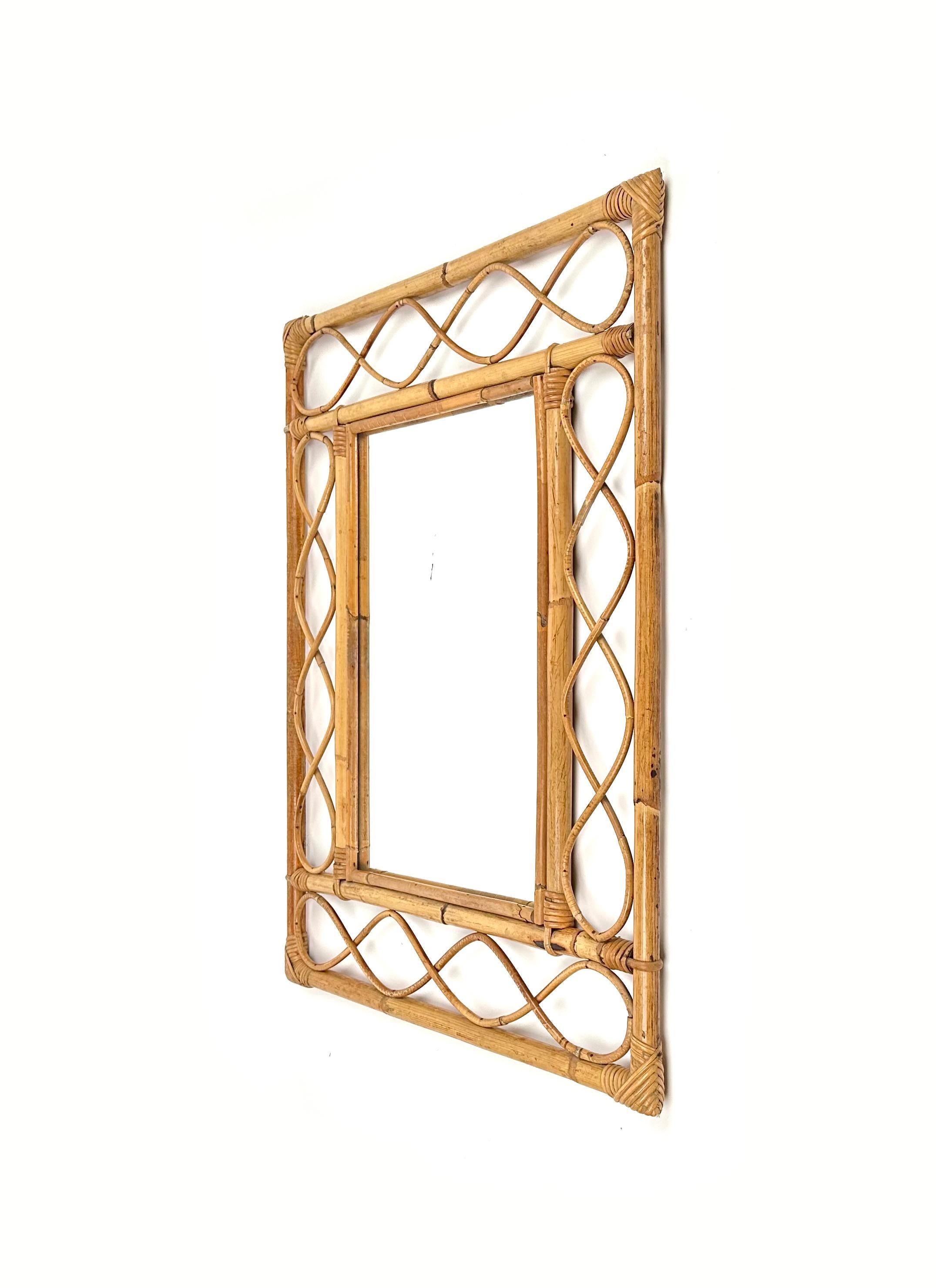 Midcentury Rectangular Wall Mirror in Bamboo and Rattan, Italy 1960s 1