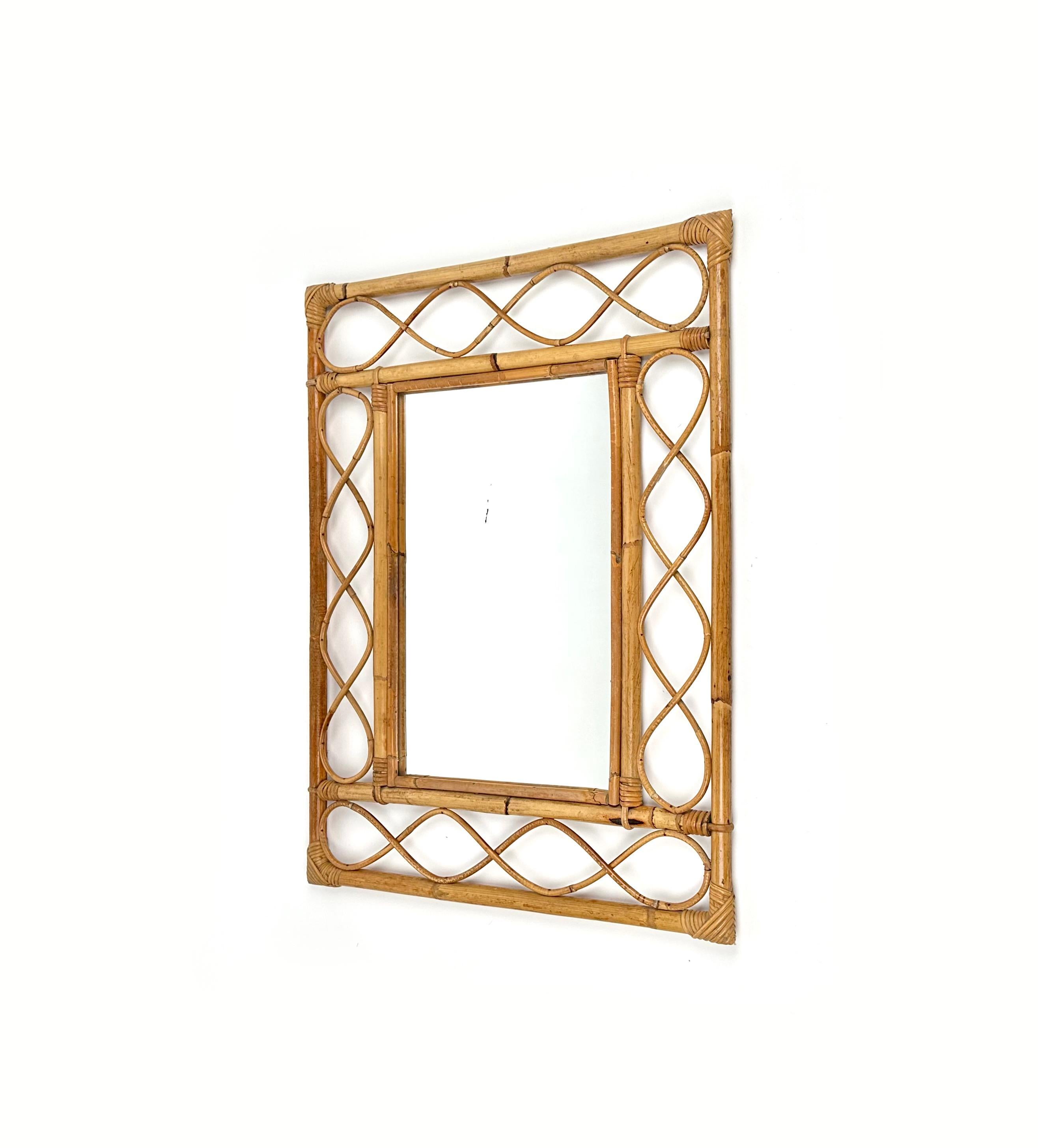 Midcentury Rectangular Wall Mirror in Bamboo and Rattan, Italy 1960s 2