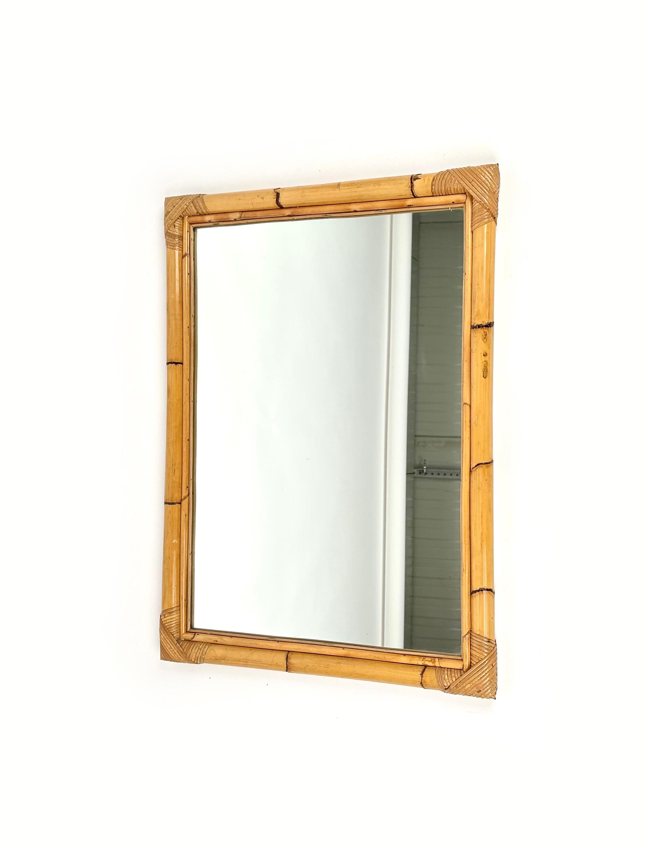 Late 20th Century Mid-Century Rectangular Wall Mirror in Bamboo and Rattan, Italy, 1970s For Sale