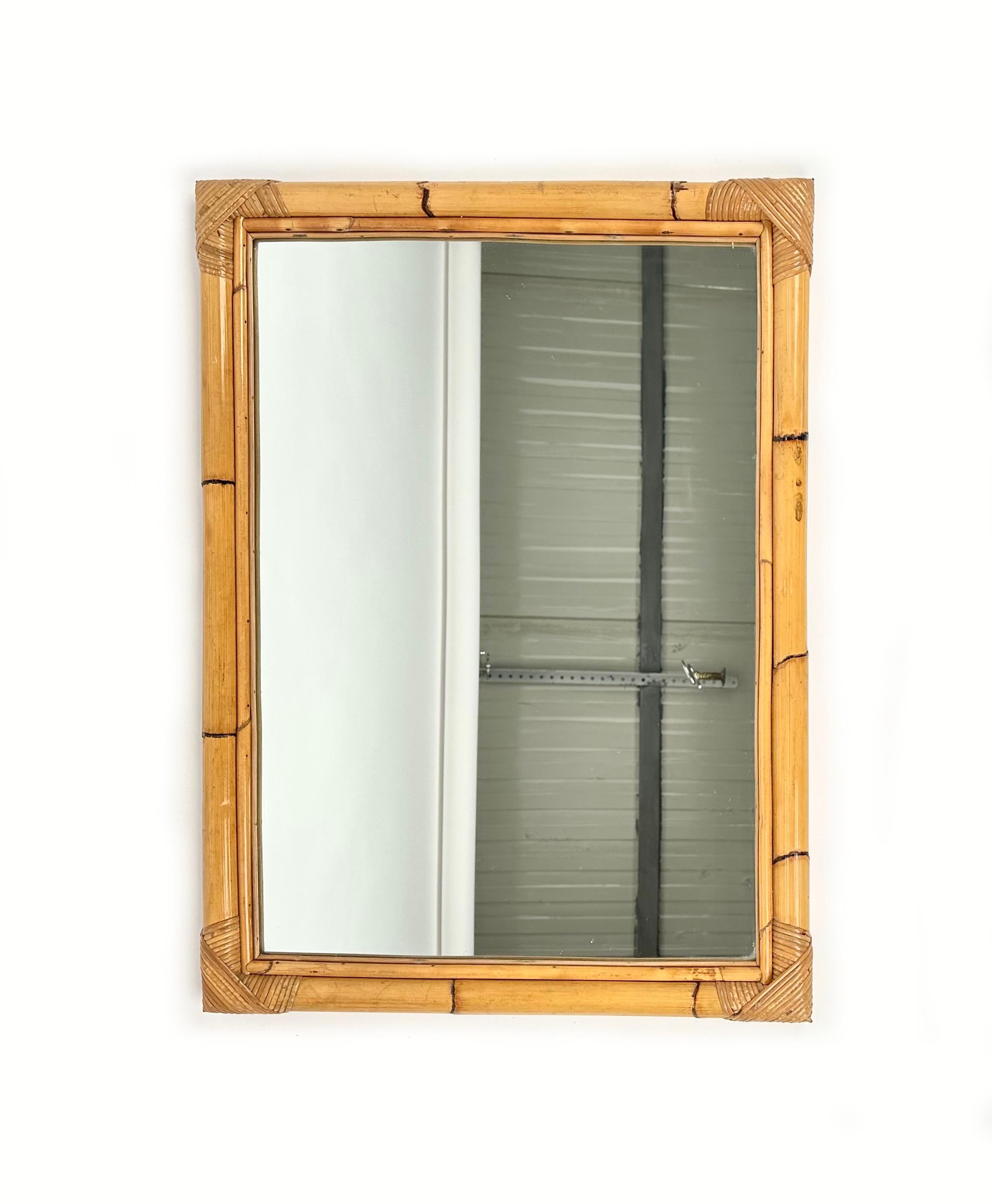 Mid-Century Rectangular Wall Mirror in Bamboo and Rattan, Italy, 1970s For Sale 1