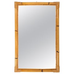 Vintage Midcentury Rectangular Wall Mirror in Bamboo and Rattan, Italy, 1970s