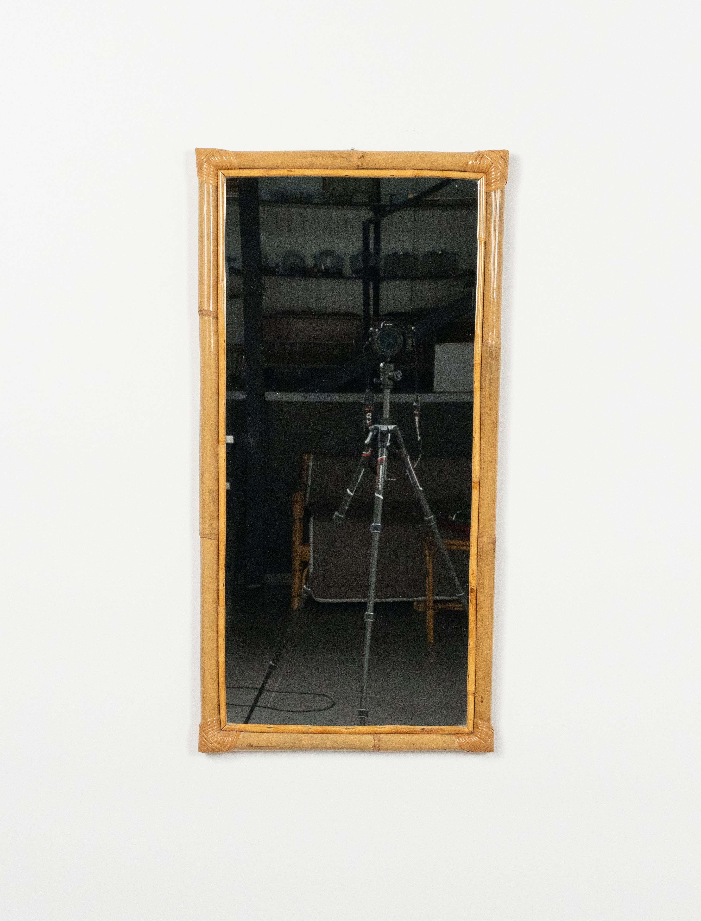 Midcentury Rectangular Wall Mirror in Rattan and Bamboo, Italy 1970s For Sale 5