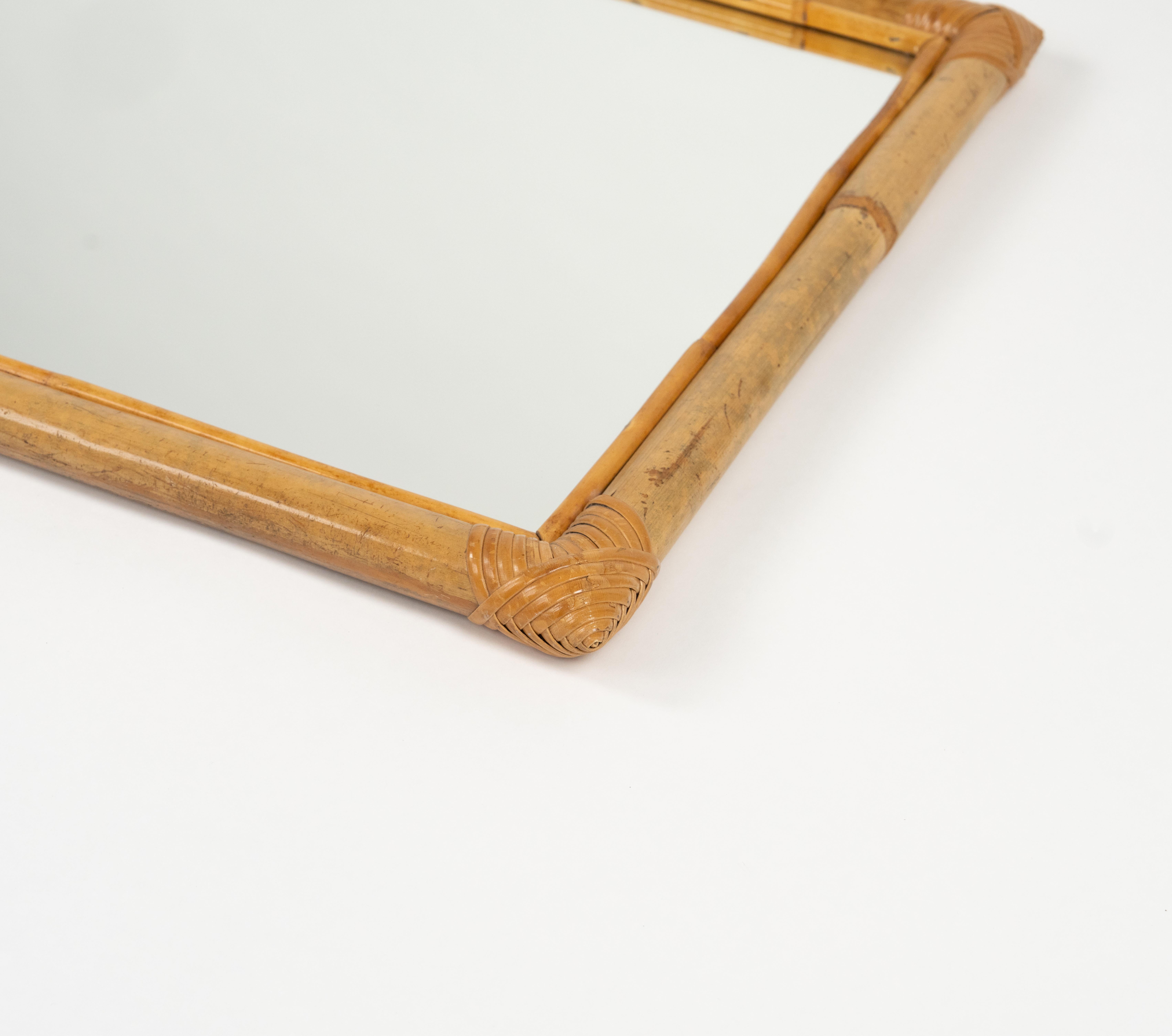 Midcentury Rectangular Wall Mirror in Rattan and Bamboo, Italy 1970s For Sale 6