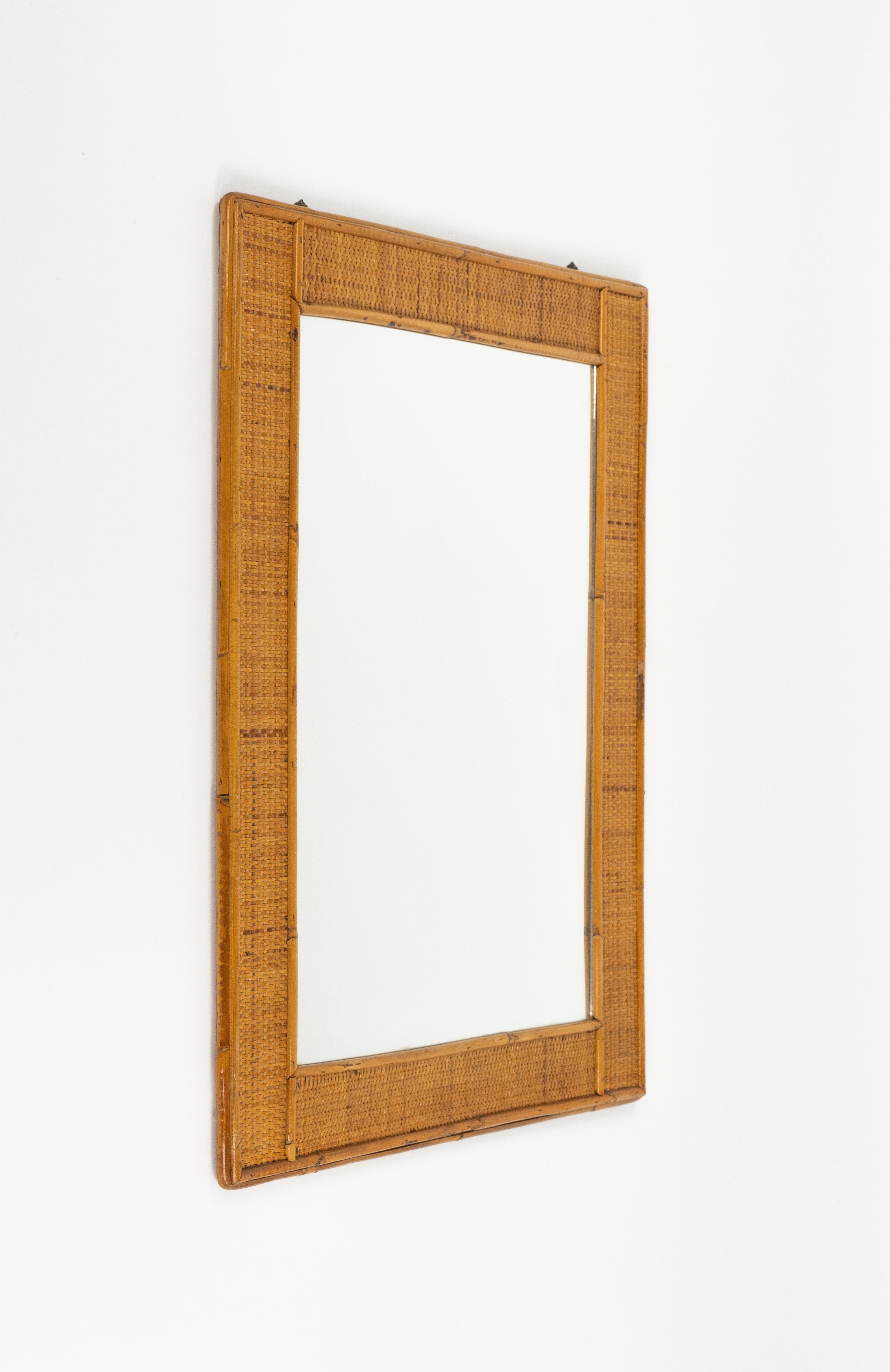 Mid-Century Modern Midcentury Rectangular Wall Mirror in Rattan and Wicker, Italy 1970s For Sale