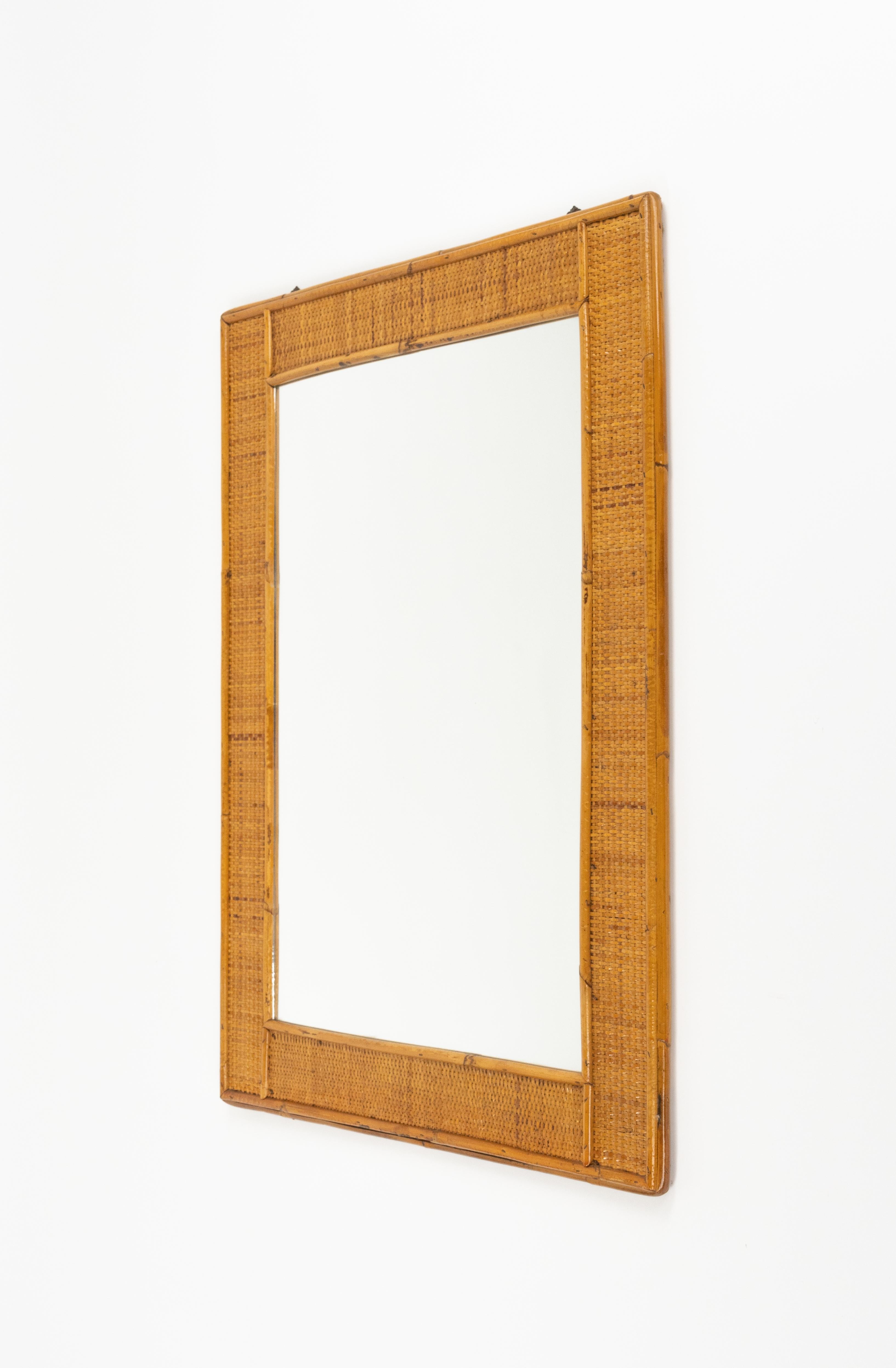 Late 20th Century Midcentury Rectangular Wall Mirror in Rattan and Wicker, Italy 1970s For Sale