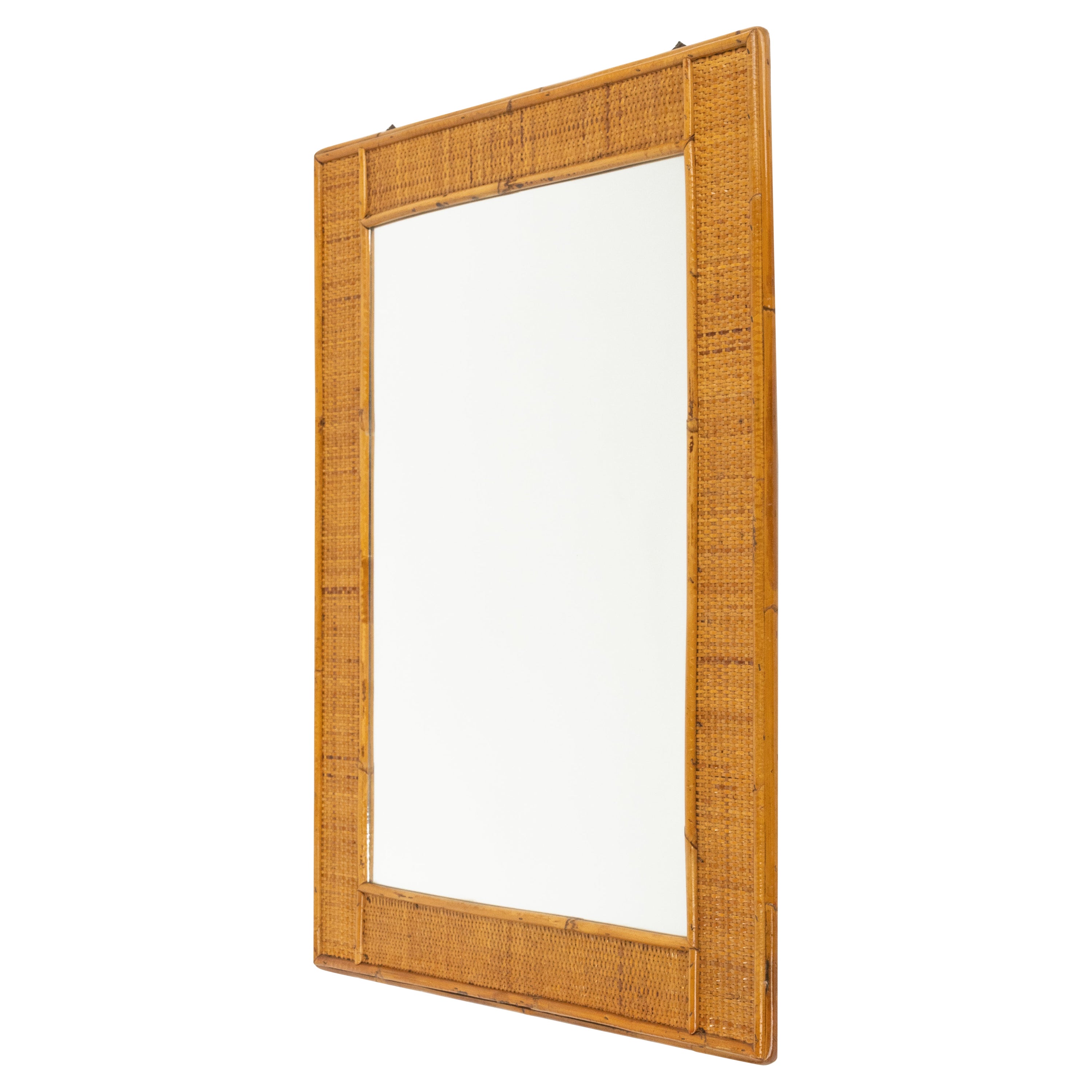 Espejo de pared rectangular de ratán y mimbre de mediados de siglo, Italia Años 70