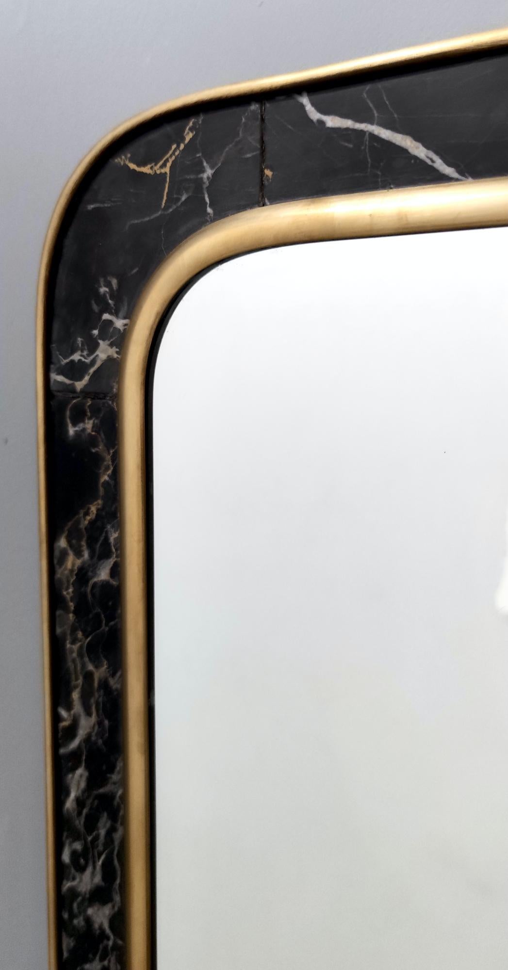 Midcentury Rectangular Wall Mirror with Brass and Black Portoro Marble Frame 4
