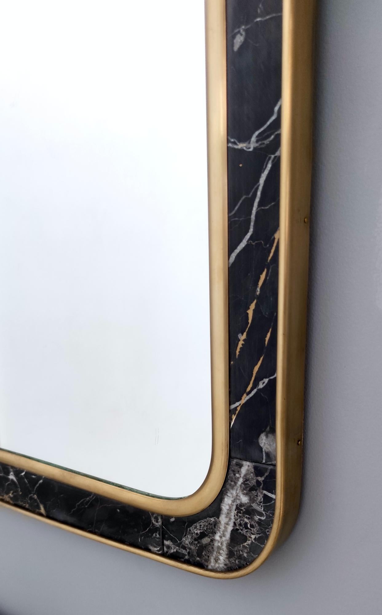 Midcentury Rectangular Wall Mirror with Brass and Black Portoro Marble Frame 7
