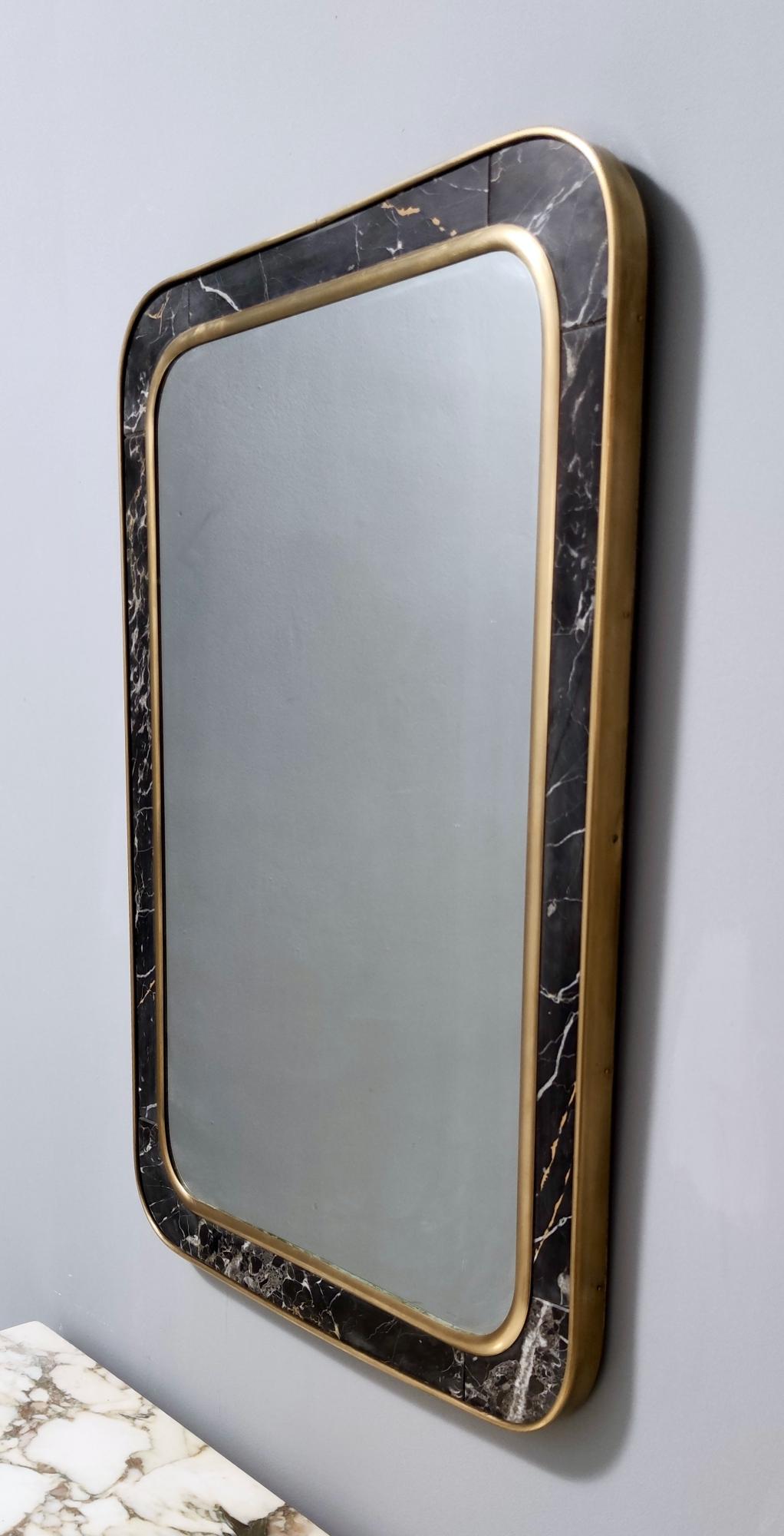 Mid-20th Century Midcentury Rectangular Wall Mirror with Brass and Black Portoro Marble Frame