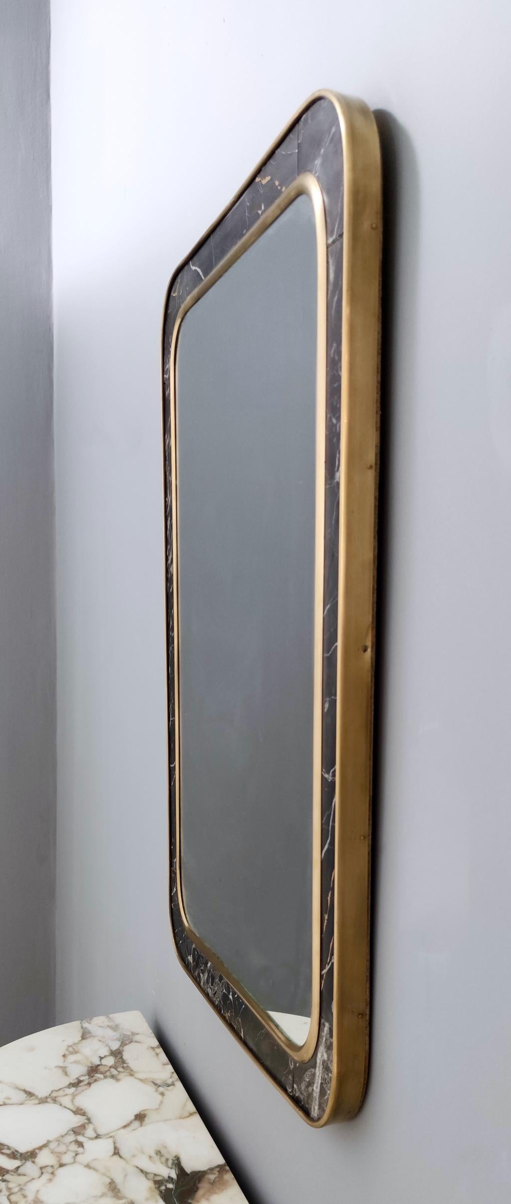 Midcentury Rectangular Wall Mirror with Brass and Black Portoro Marble Frame 1