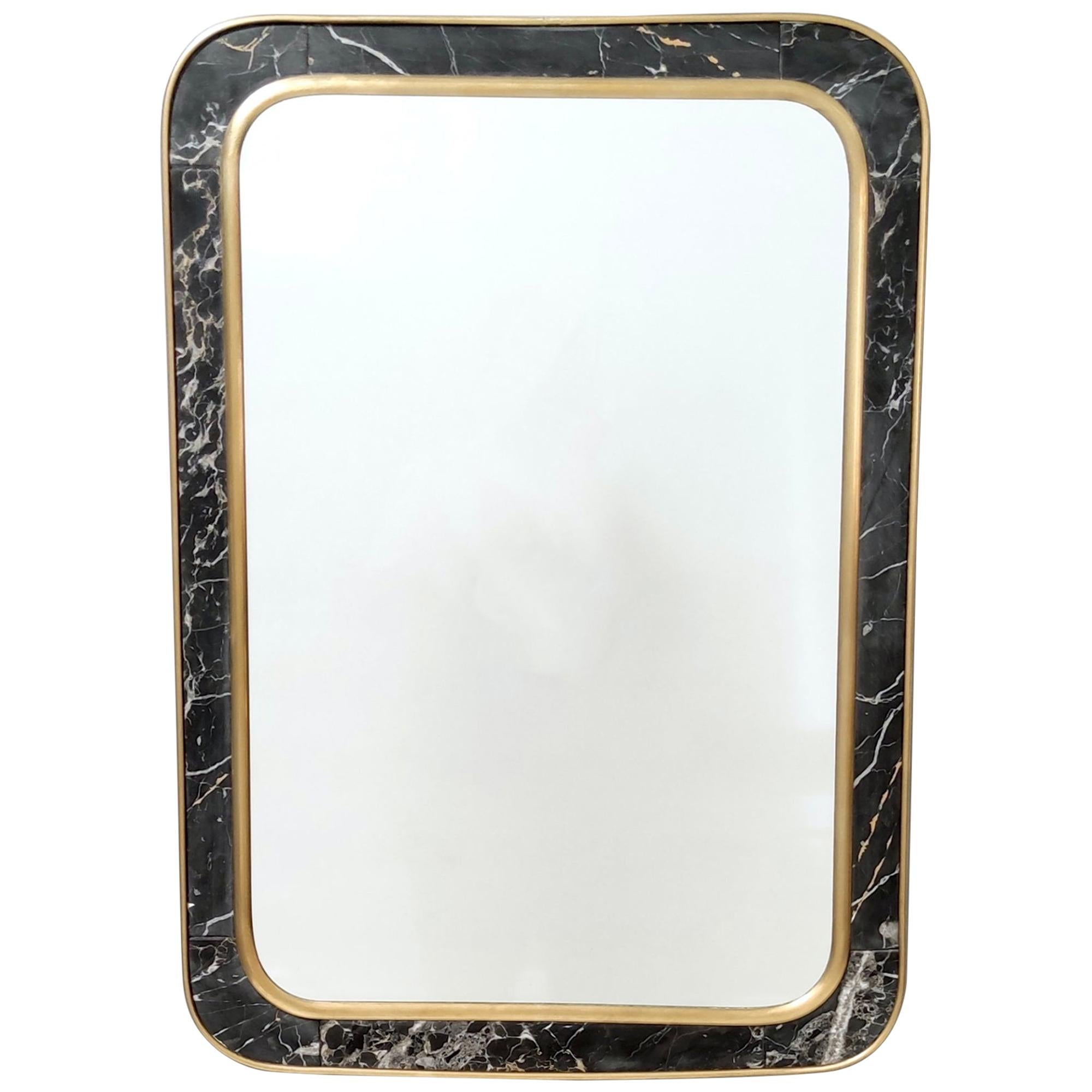 Midcentury Rectangular Wall Mirror with Brass and Black Portoro Marble Frame