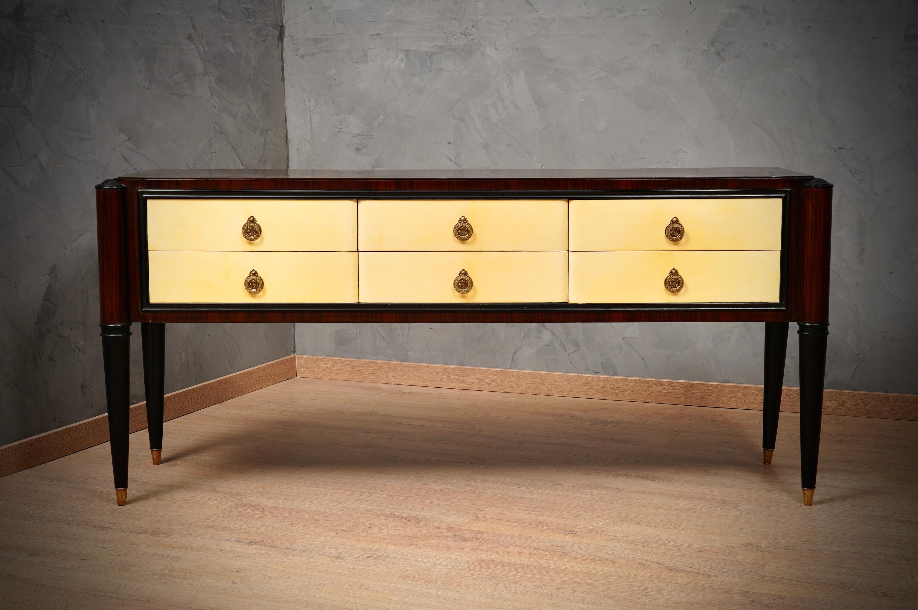 Mid-Century Modern MidCentury Rectangular Walnut and Goatskin Italian Style Chests of Drawer, 1950 For Sale