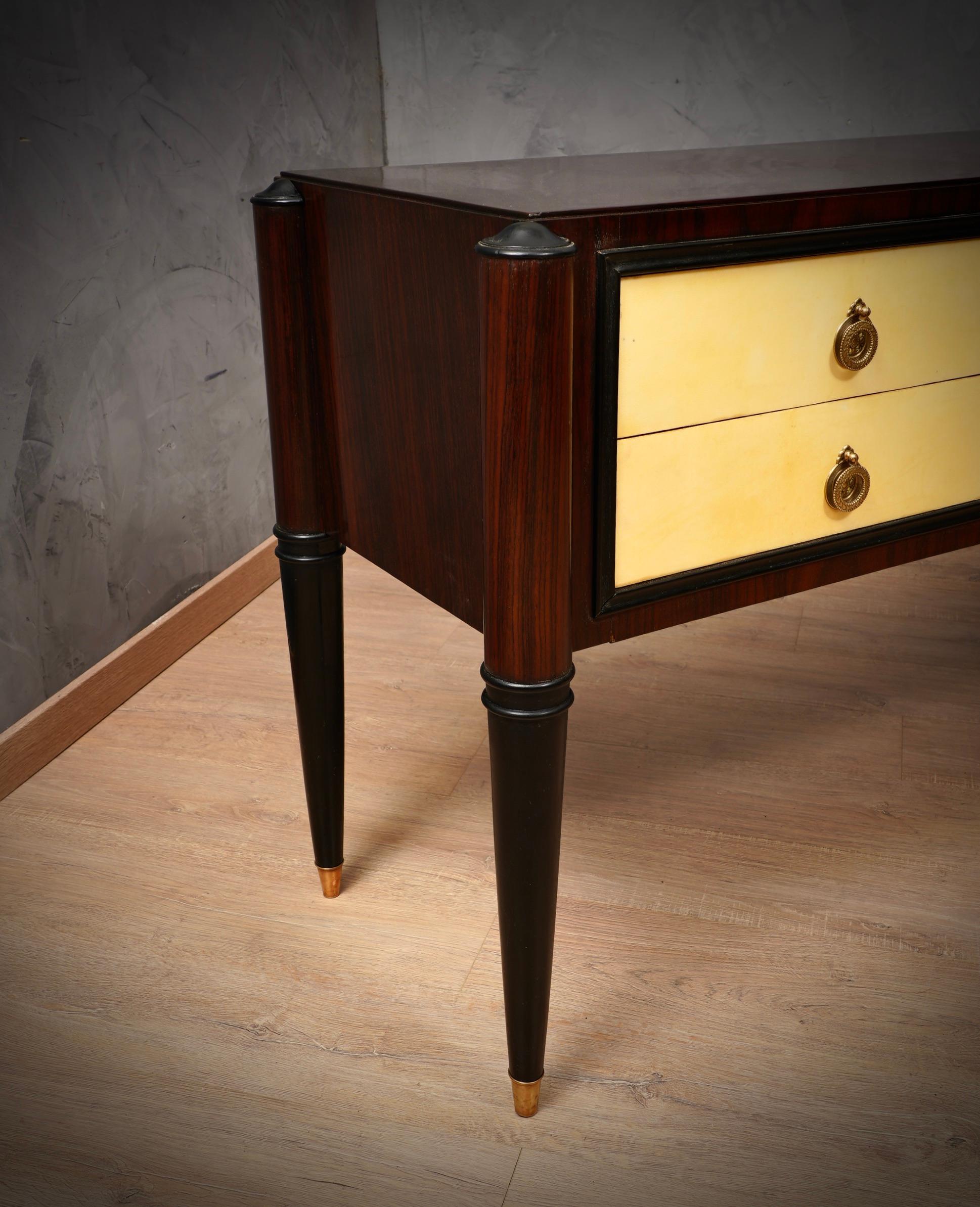 Mid-20th Century MidCentury Rectangular Walnut and Goatskin Italian Style Chests of Drawer, 1950 For Sale