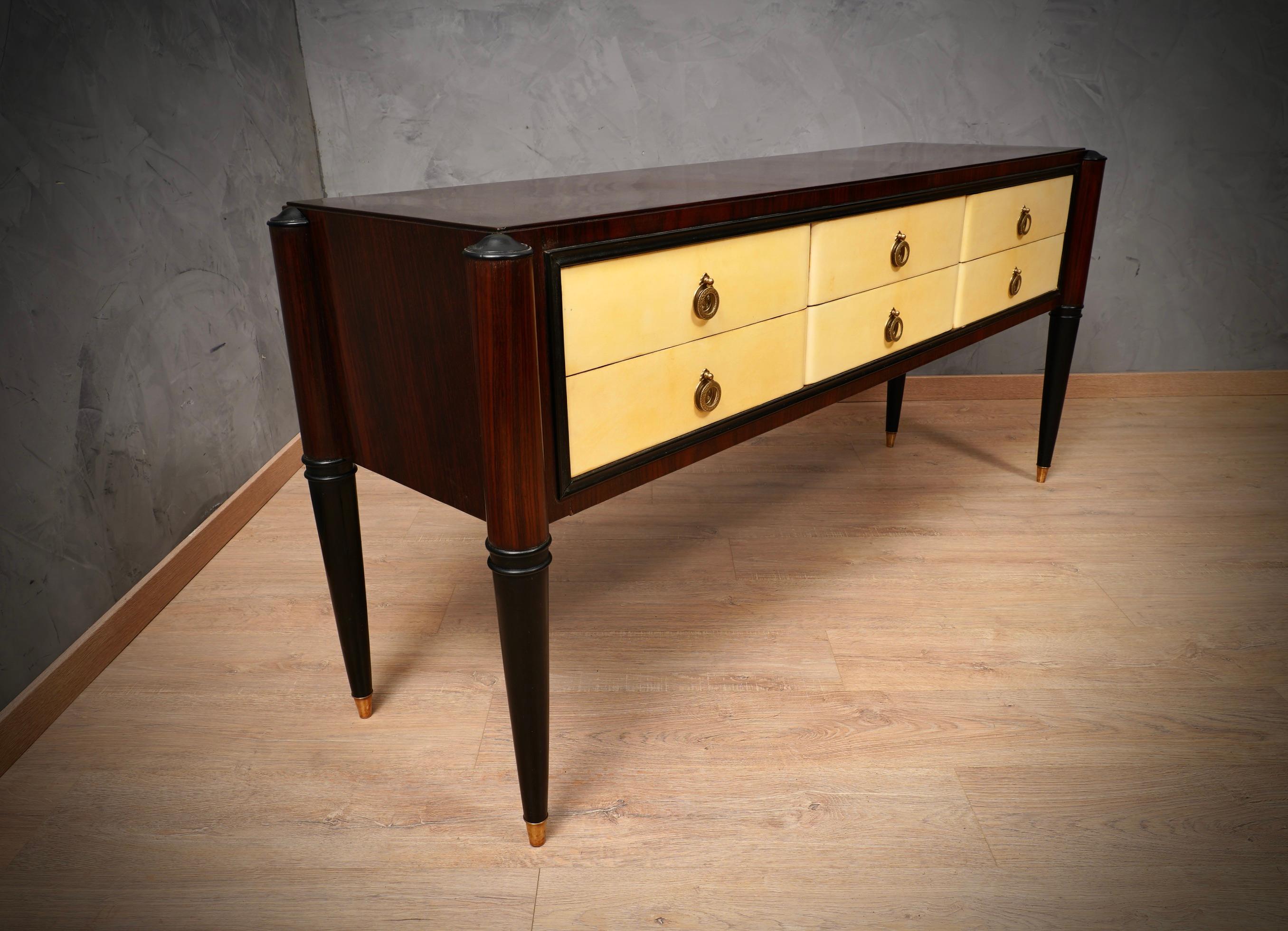 Brass MidCentury Rectangular Walnut and Goatskin Italian Style Chests of Drawer, 1950 For Sale
