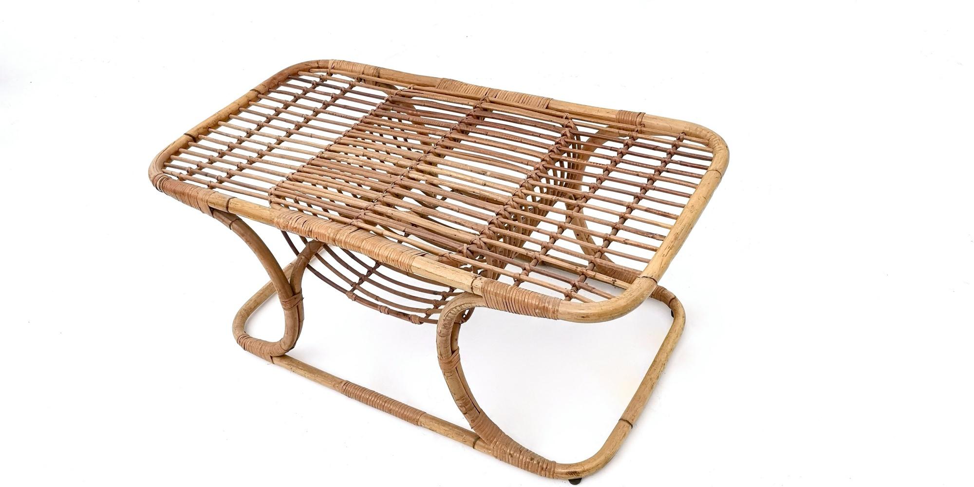 Midcentury Rectangular Wicker Coffee Table, Italy, 1950s (Mitte des 20. Jahrhunderts)