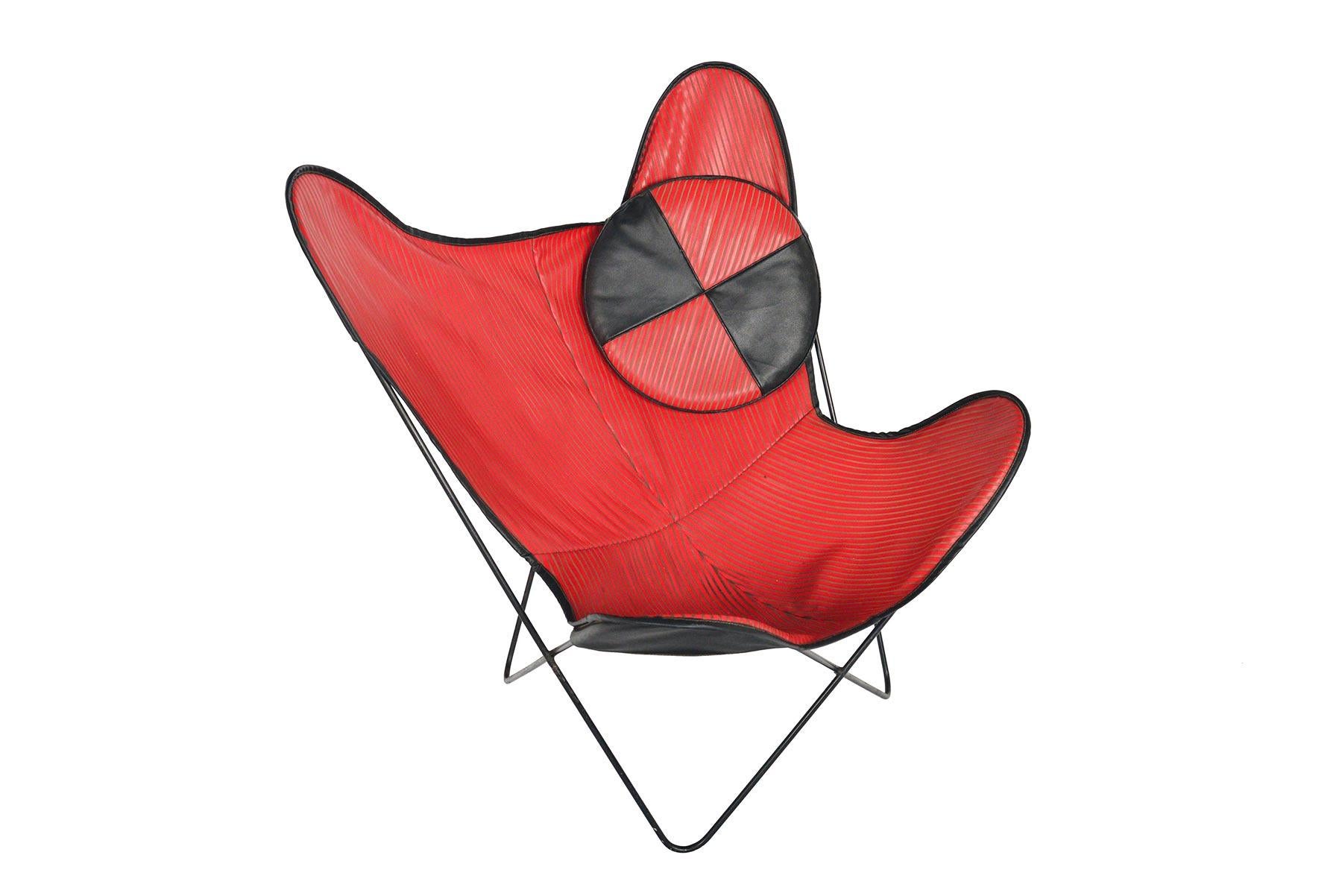 Danish Midcentury Red and Black Vinyl Butterfly Lounge Chair For Sale