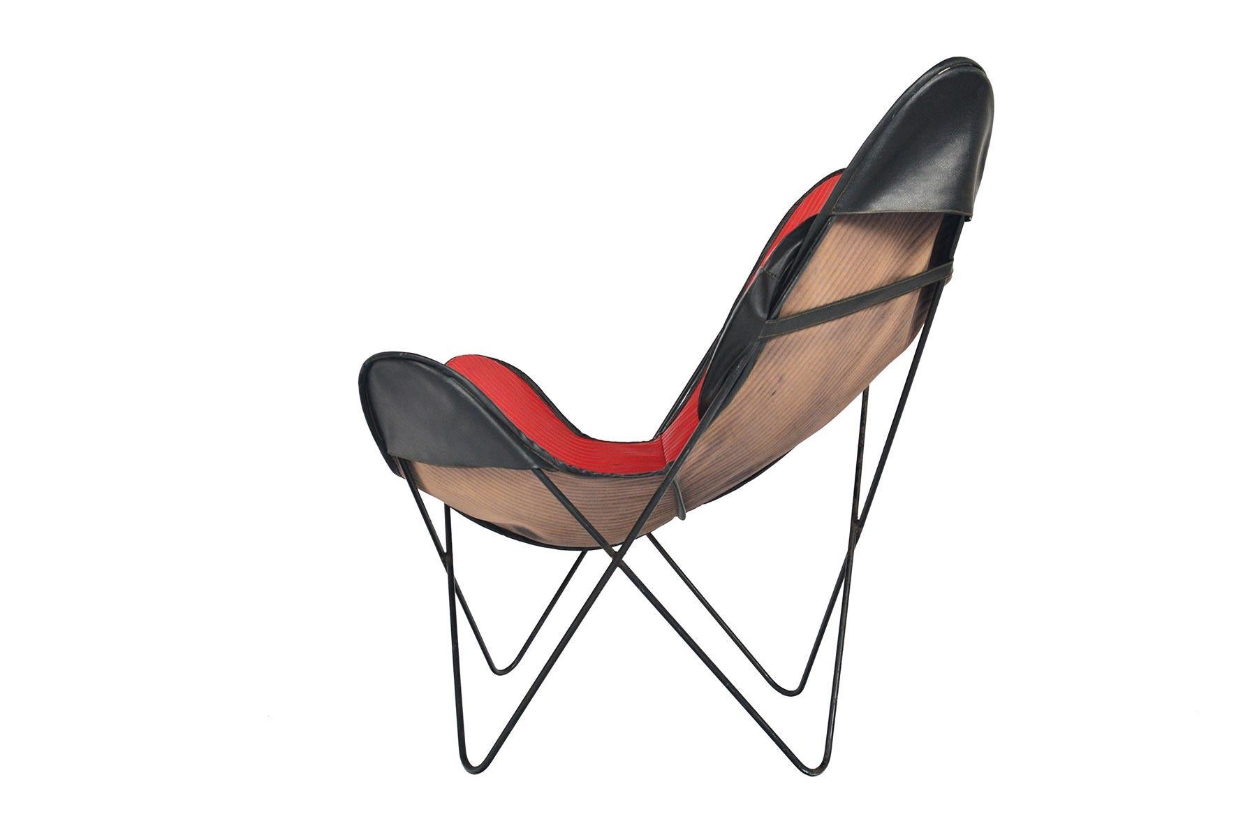 Steel Midcentury Red and Black Vinyl Butterfly Lounge Chair For Sale