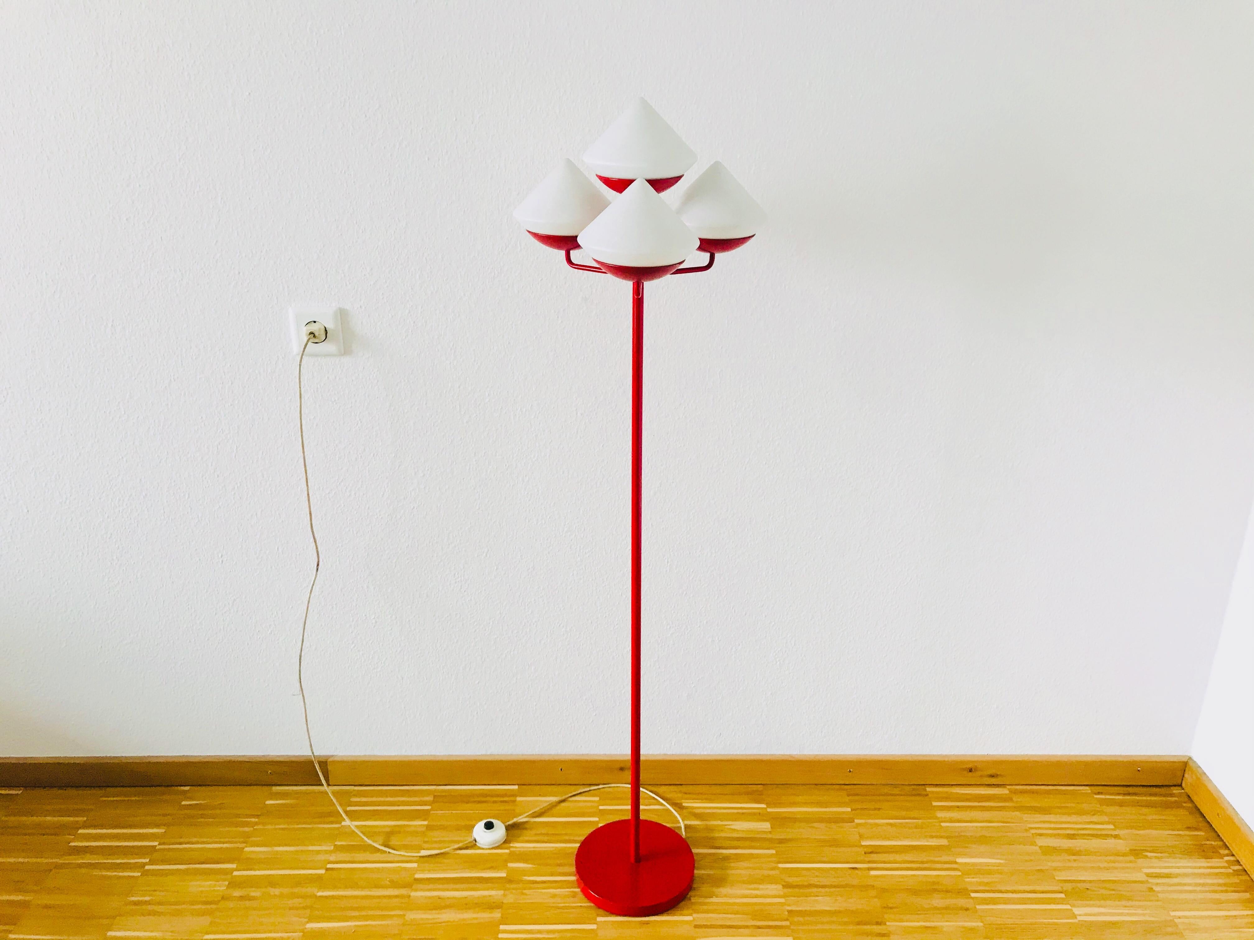 Midcentury Red and White 4-Arm Space Age Floor Lamp Attributed to Kaiser, 1960s 4