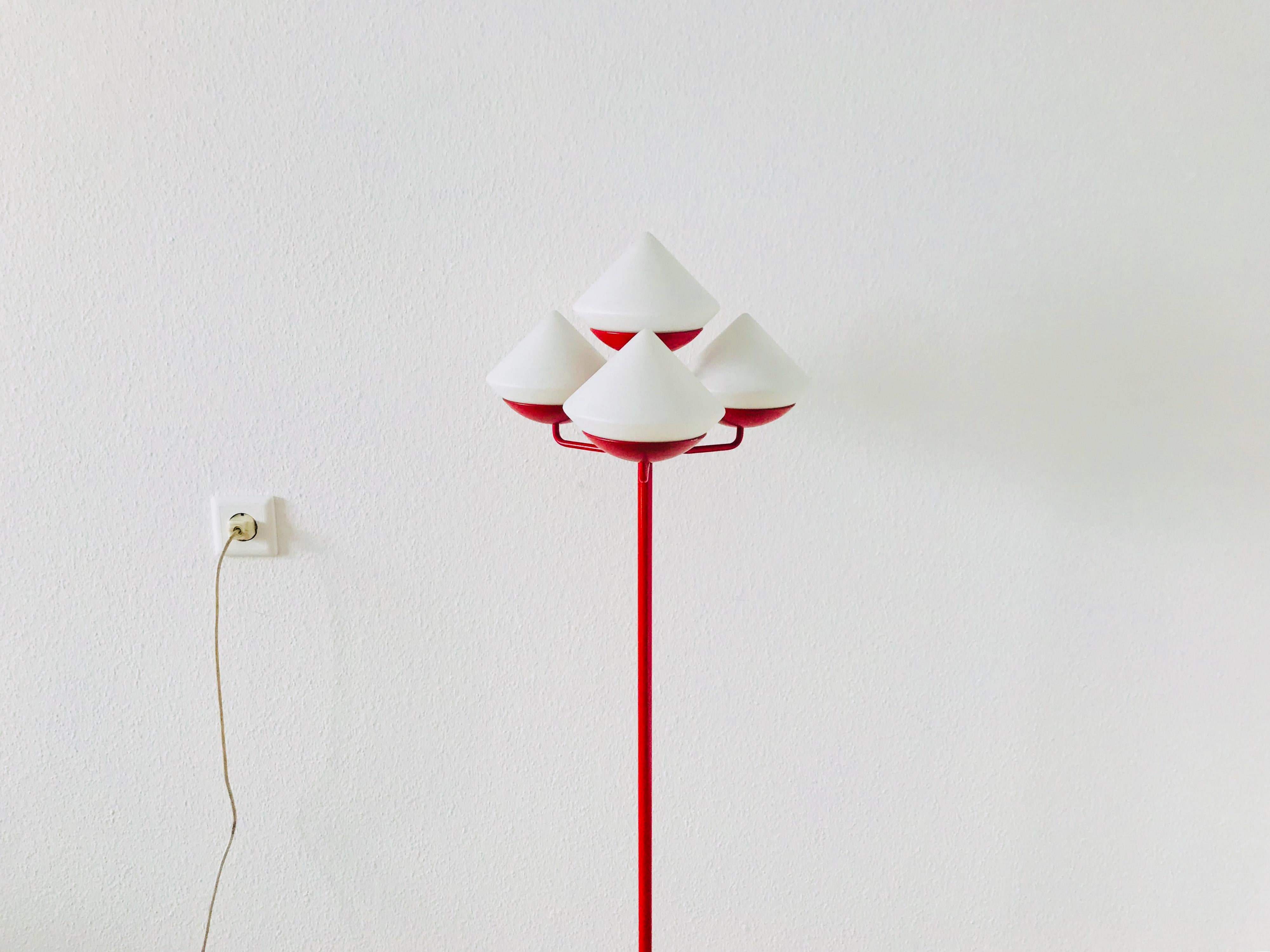 Mid-Century Modern Midcentury Red and White 4-Arm Space Age Floor Lamp Attributed to Kaiser, 1960s