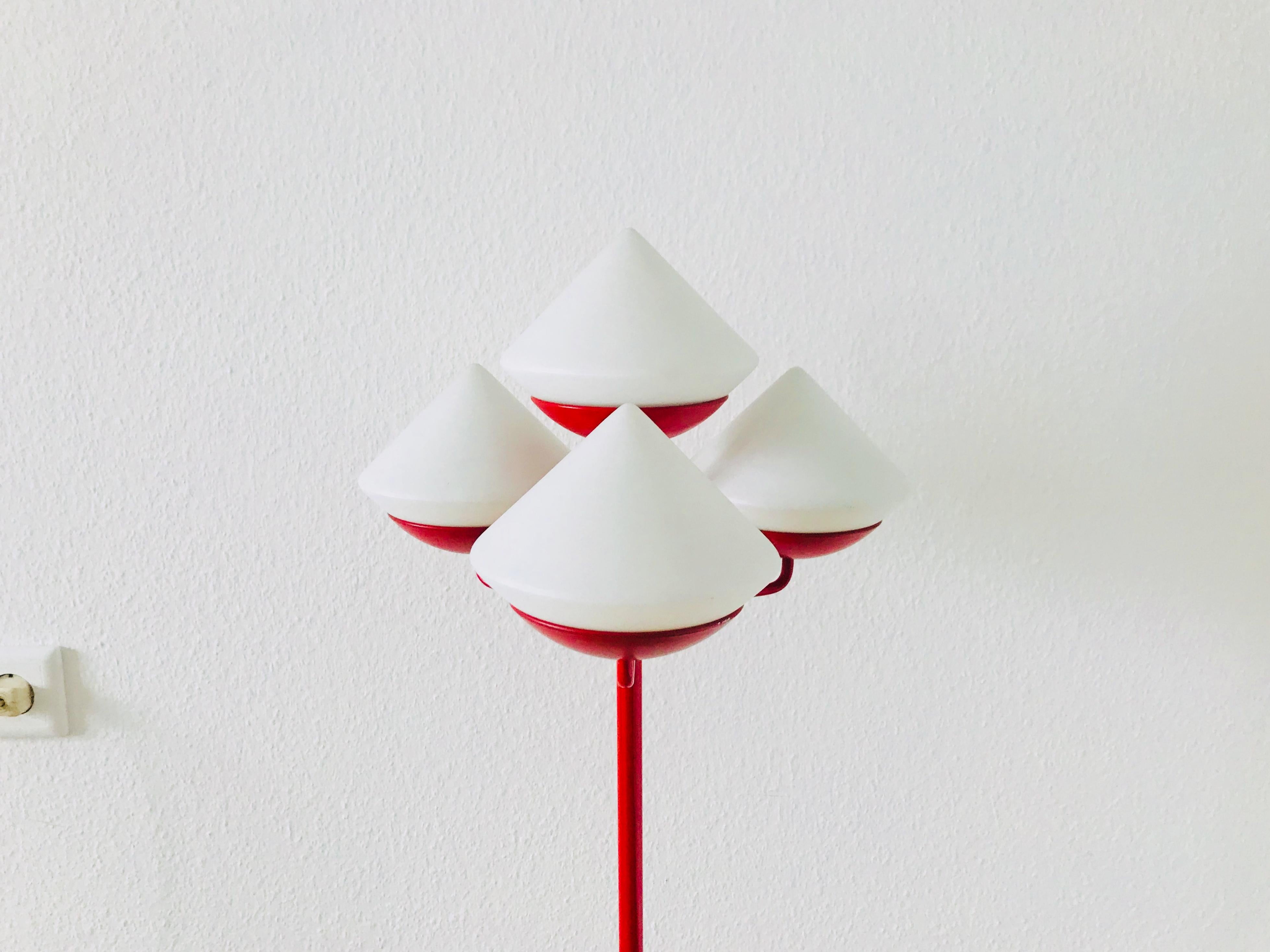 German Midcentury Red and White 4-Arm Space Age Floor Lamp Attributed to Kaiser, 1960s