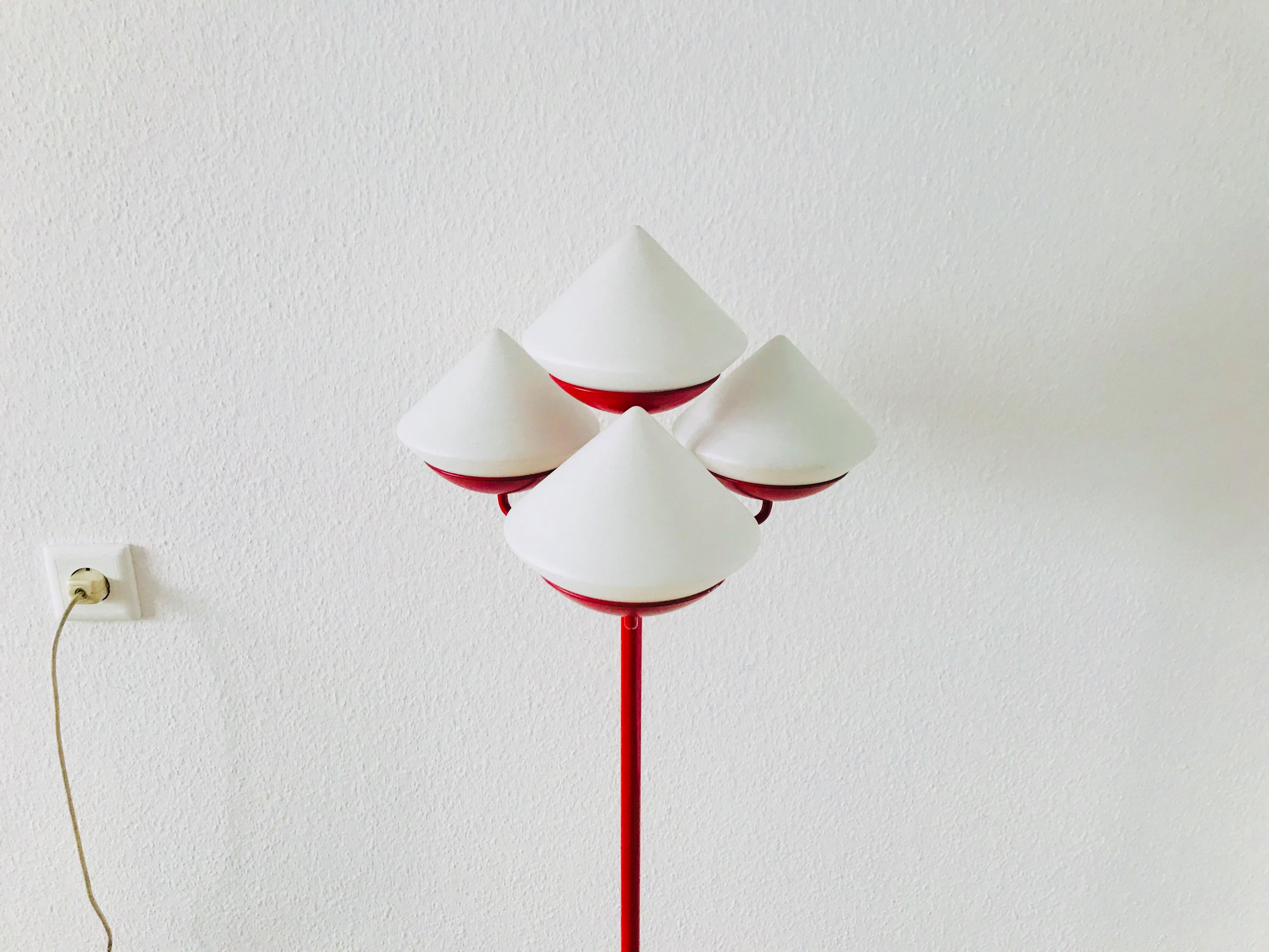 Midcentury Red and White 4-Arm Space Age Floor Lamp Attributed to Kaiser, 1960s In Good Condition In Hagenbach, DE