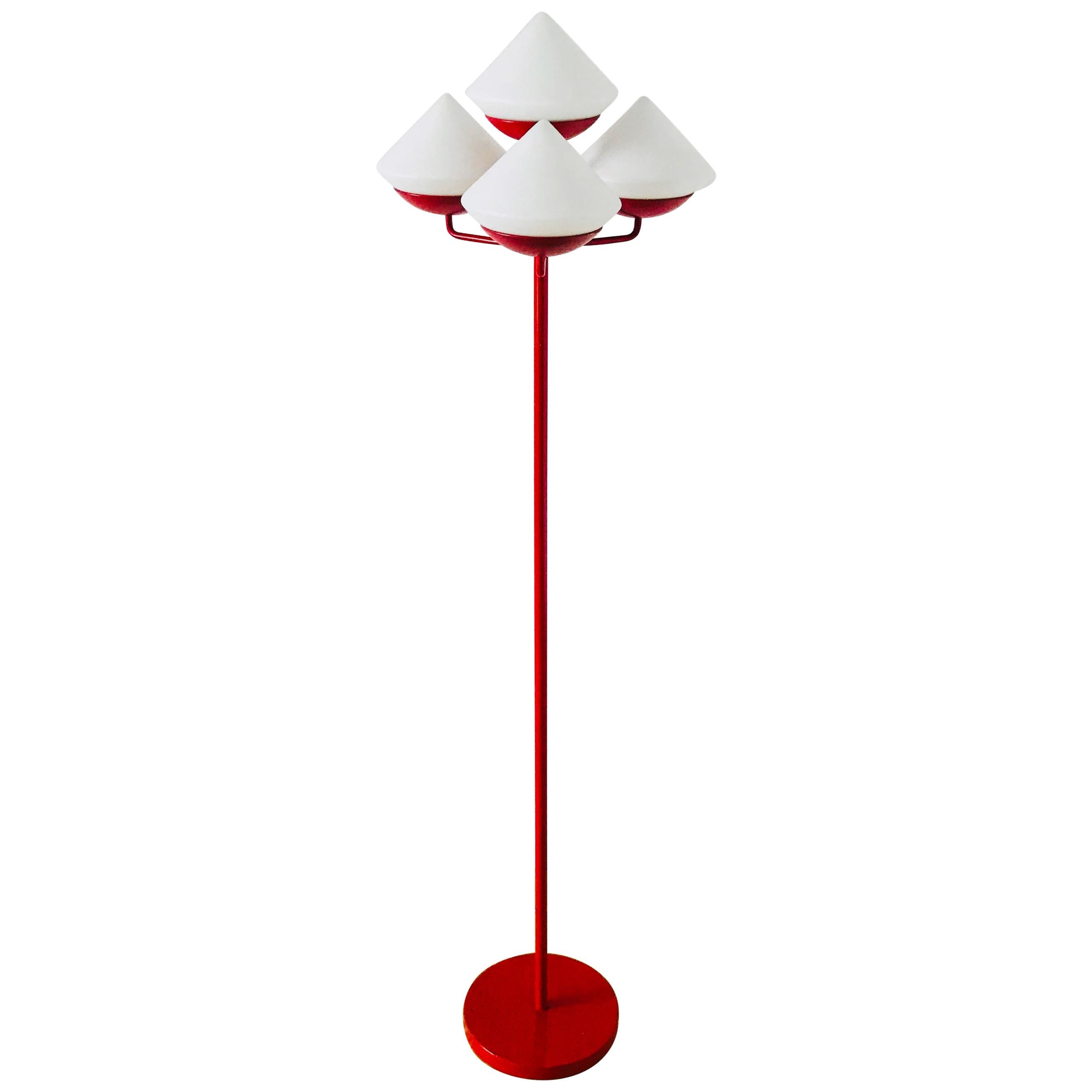 Midcentury Red and White 4-Arm Space Age Floor Lamp Attributed to Kaiser, 1960s