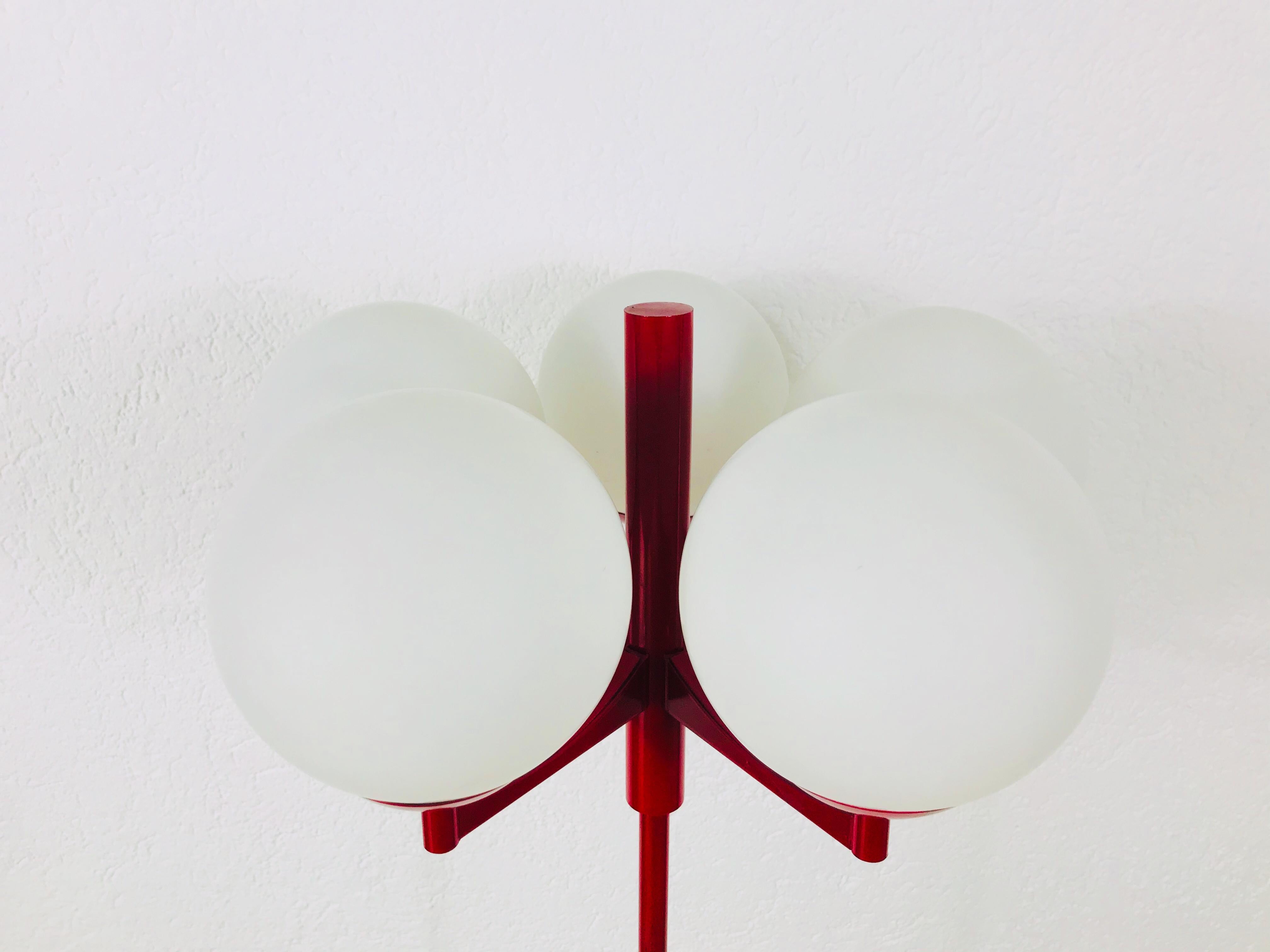 Mid-Century Modern Midcentury Red and White 5-Arm Space Age Floor Lamp Attributed to Kaiser, 1960s For Sale
