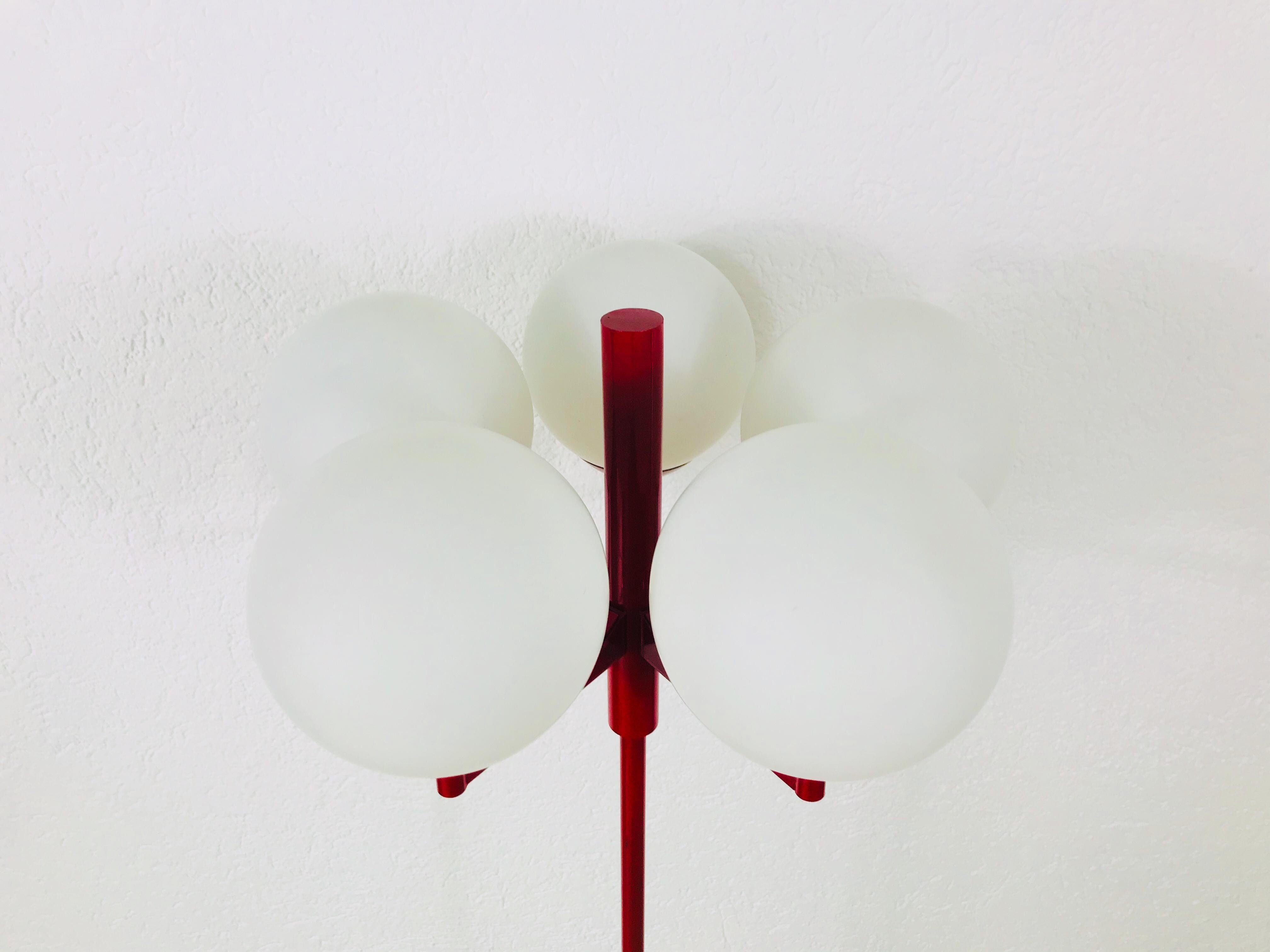 German Midcentury Red and White 5-Arm Space Age Floor Lamp Attributed to Kaiser, 1960s For Sale