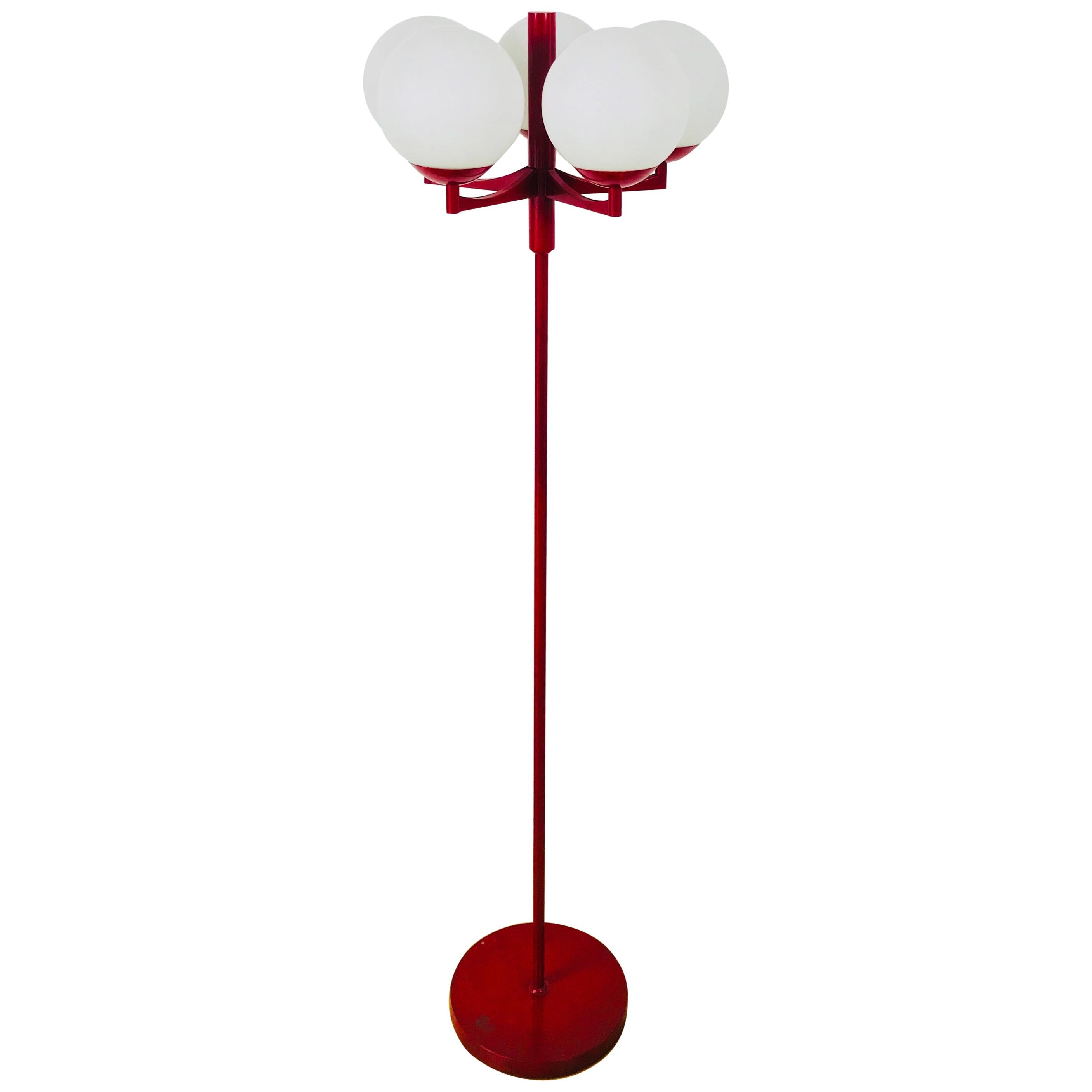 Midcentury Red and White 5-Arm Space Age Floor Lamp Attributed to Kaiser, 1960s