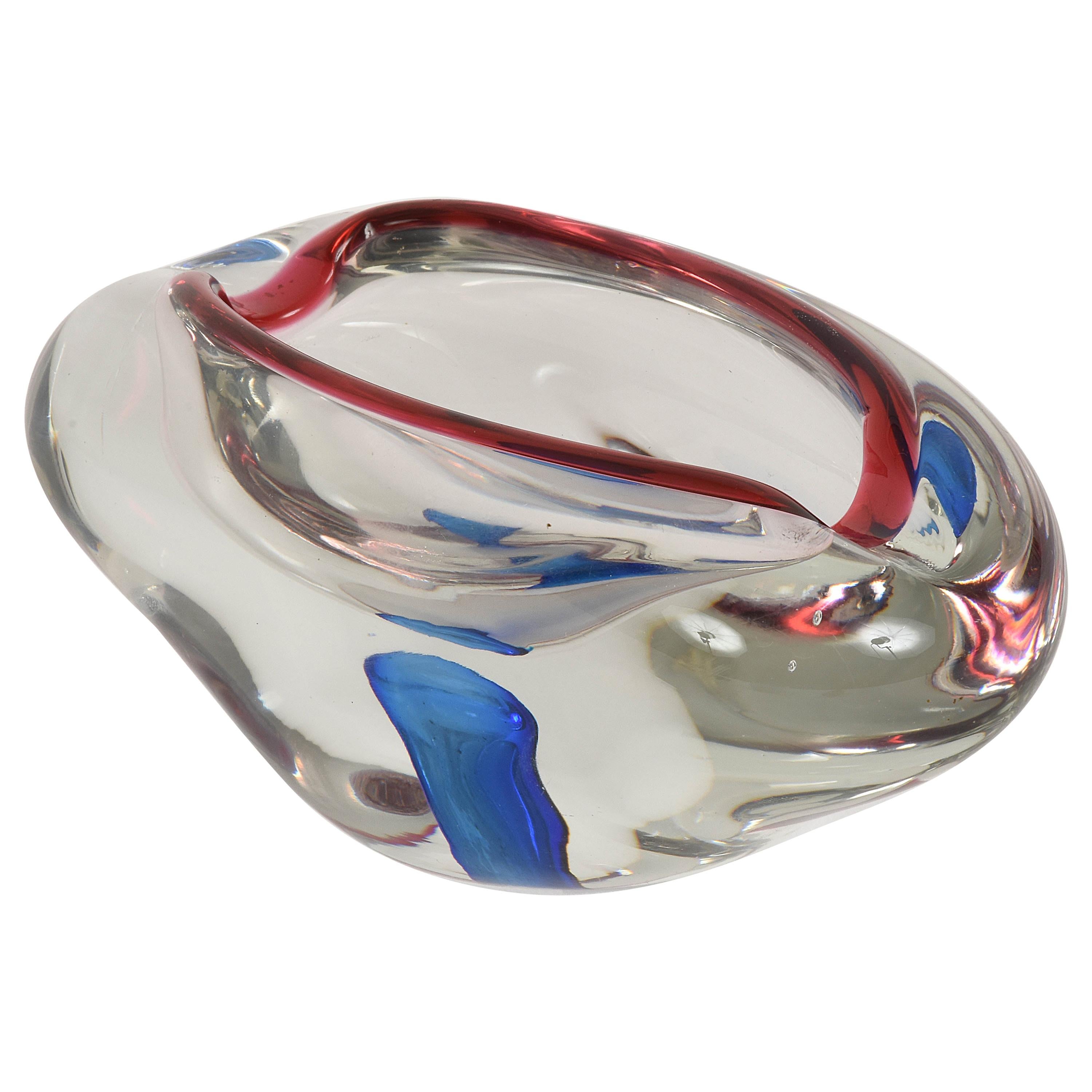Midcentury Red, Blue and Crystal Murano "Sommerso" Glass Italian Bowl, 1960