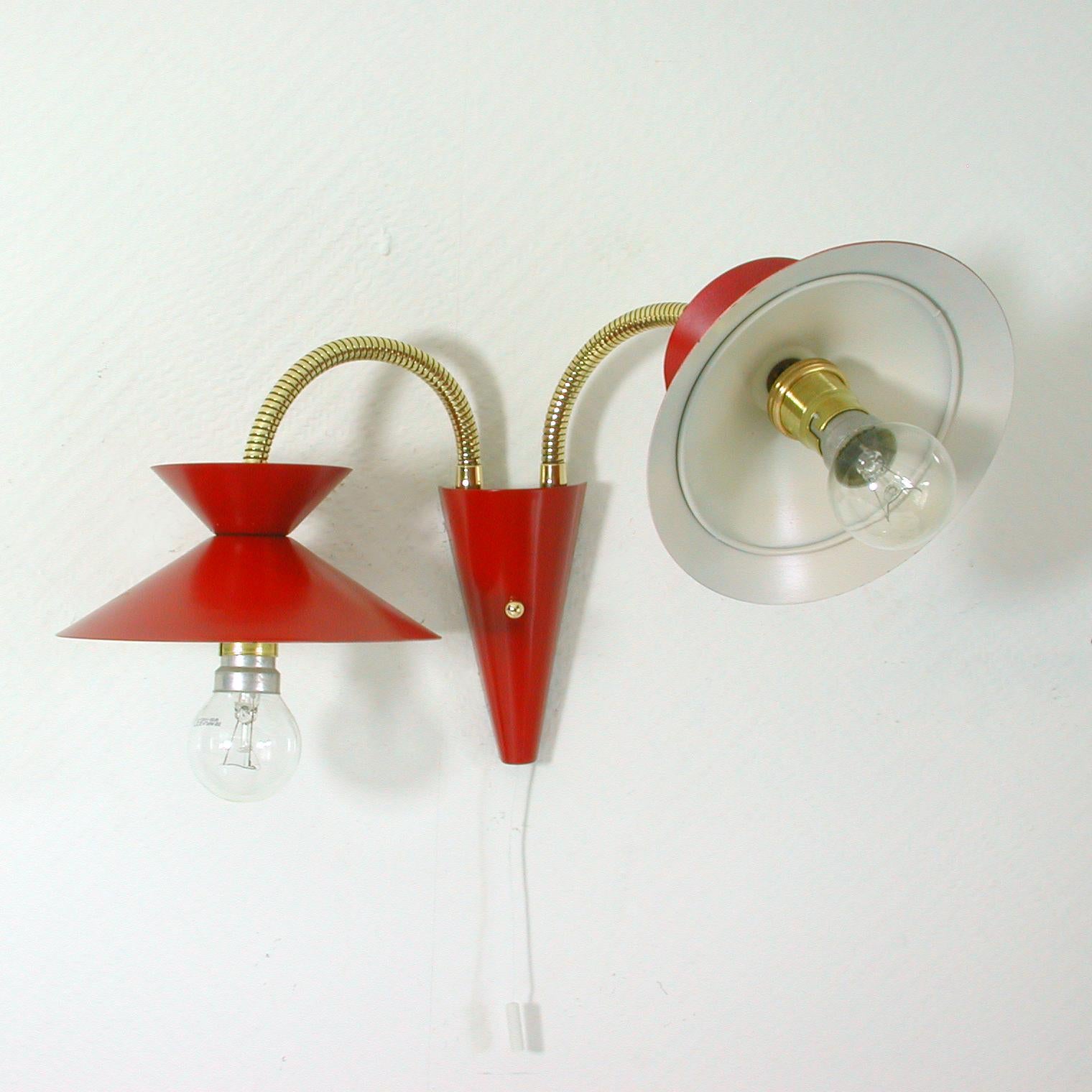 Mid-Century Modern Midcentury Red & Brass Pierre Guariche Style Double Gooseneck Wall Light Sconce