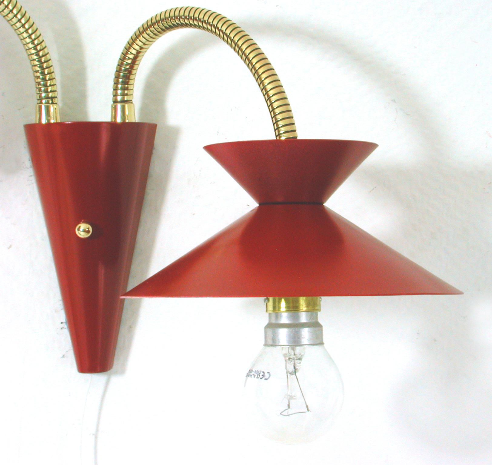 French Midcentury Red & Brass Pierre Guariche Style Double Gooseneck Wall Light Sconce