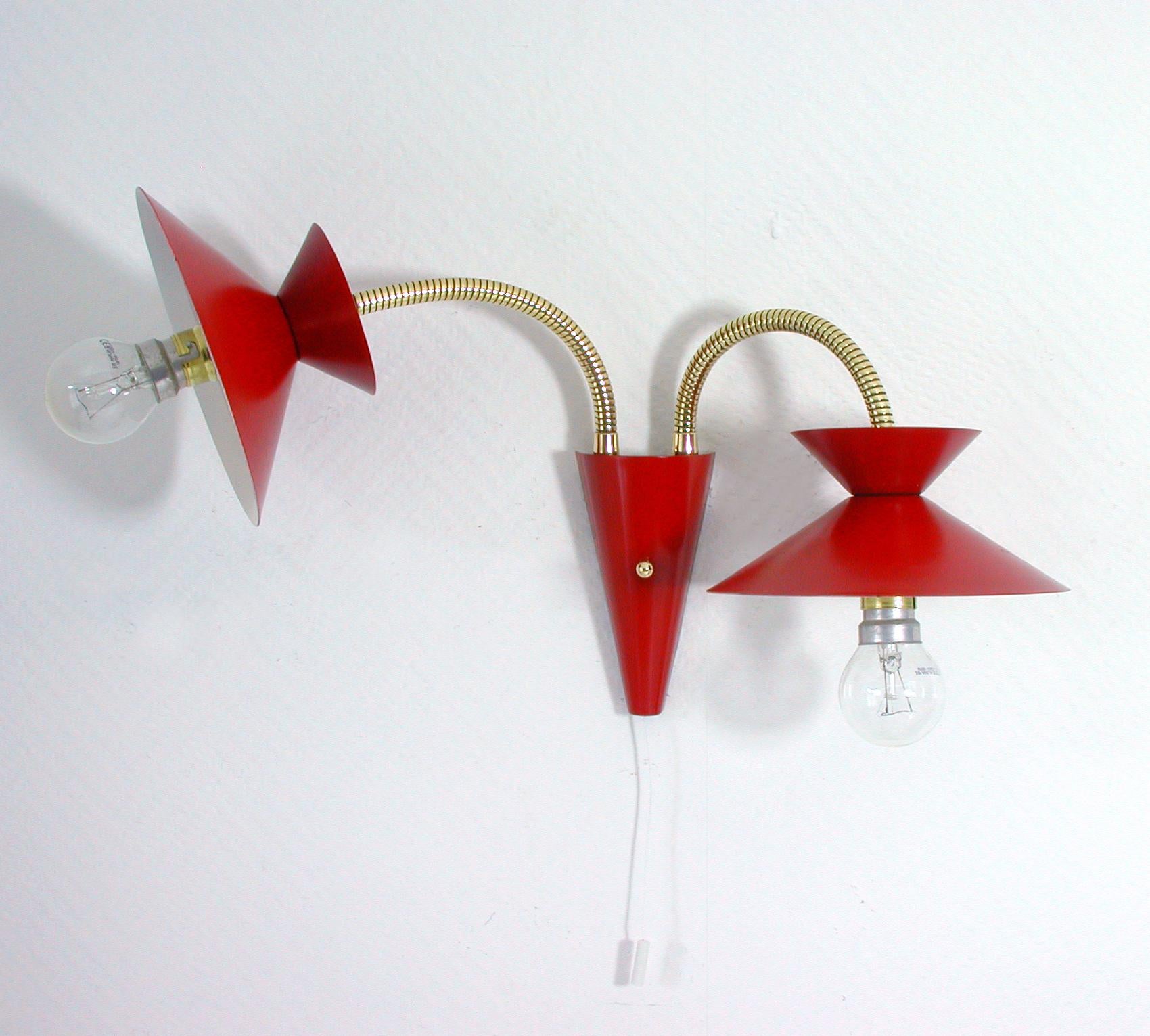 Mid-20th Century Midcentury Red & Brass Pierre Guariche Style Double Gooseneck Wall Light Sconce