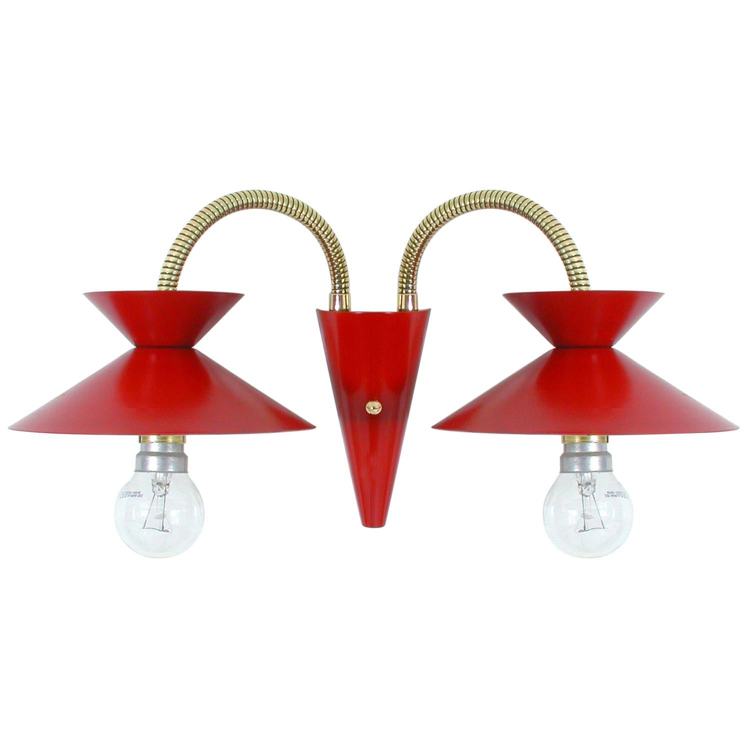 Midcentury Red & Brass Pierre Guariche Style Double Gooseneck Wall Light Sconce