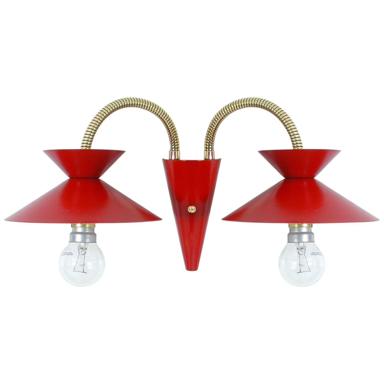 Midcentury Red 
Brass Pierre Guariche Style Double Gooseneck Wall Light Sconce