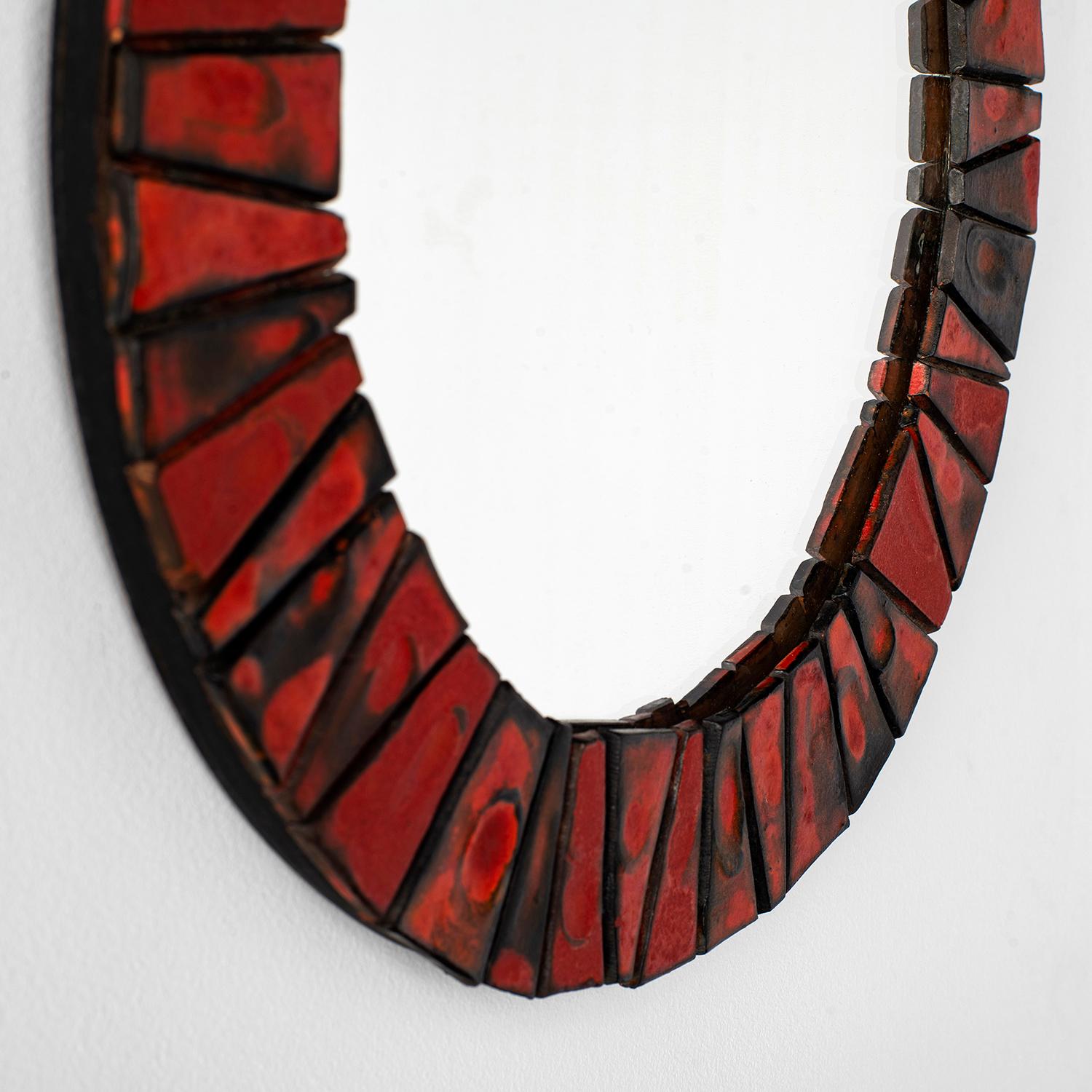 Late 20th Century Midcentury Red Ceramic Tiled Round Wall Mirror  For Sale