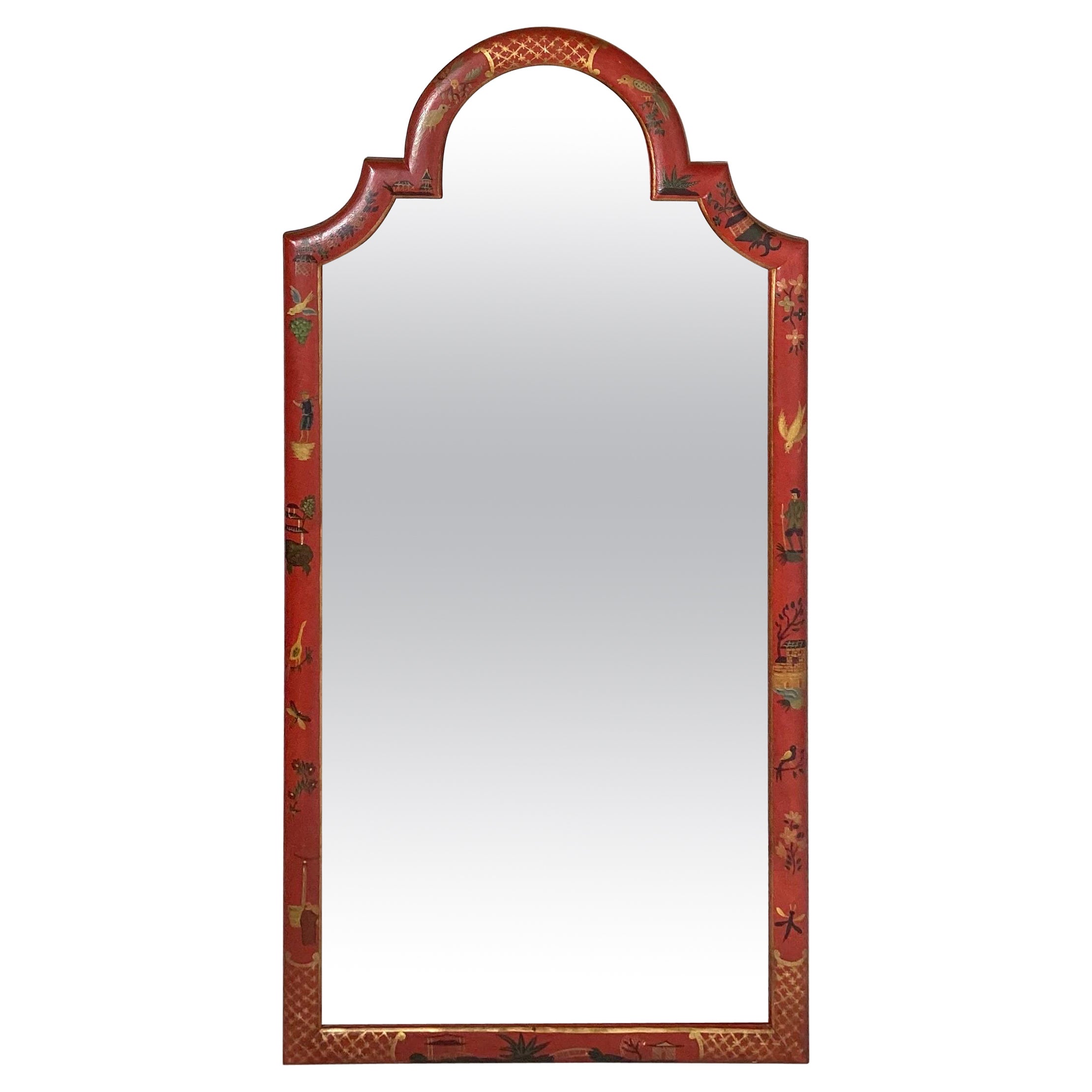 Midcentury Red Chinoiserie Mirror by Friedman Brothers For Sale
