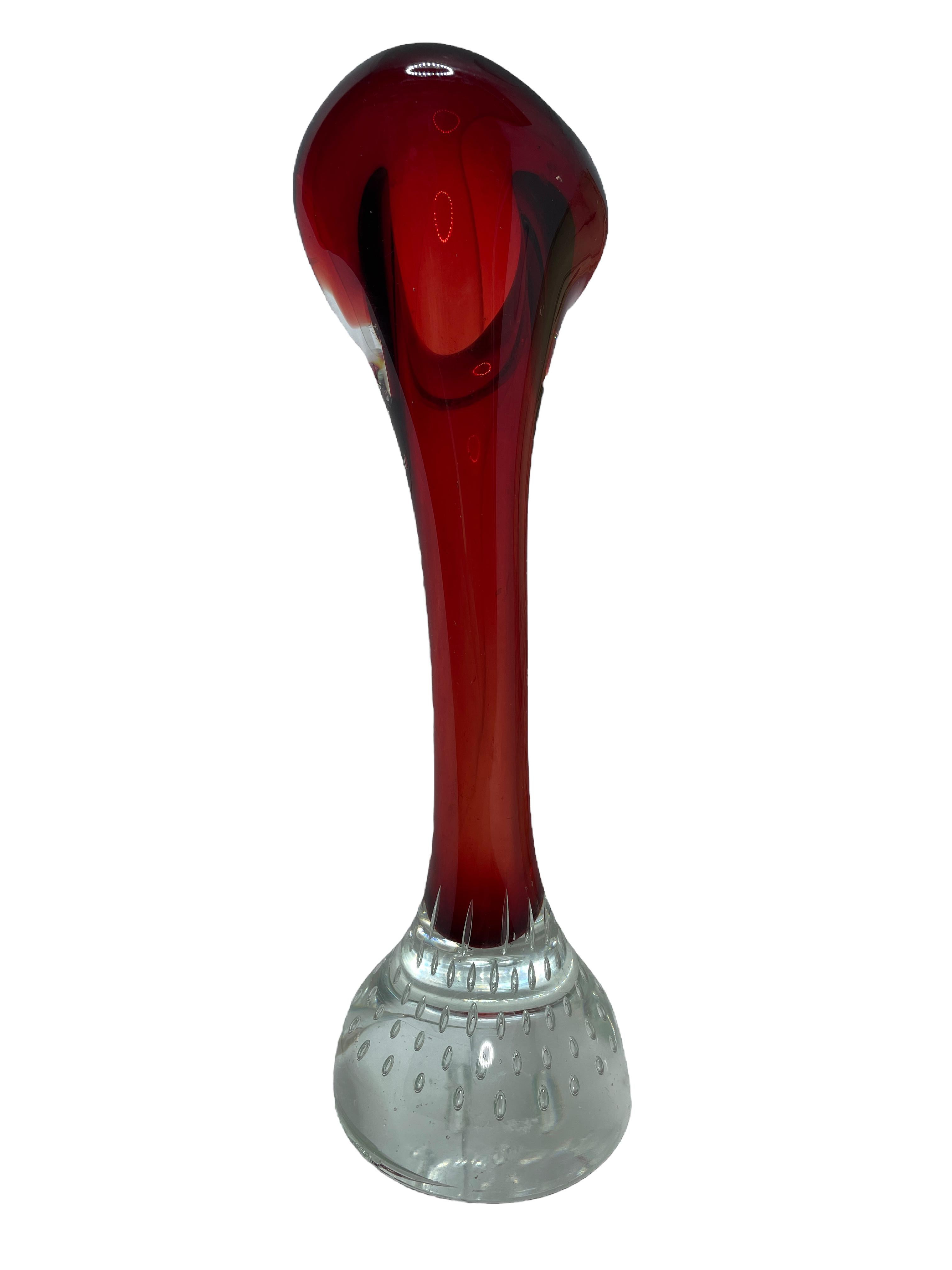Mid-Century Modern Midcentury Red & Clear Single Flower Sommerso Murano Glass Vase, Italy For Sale