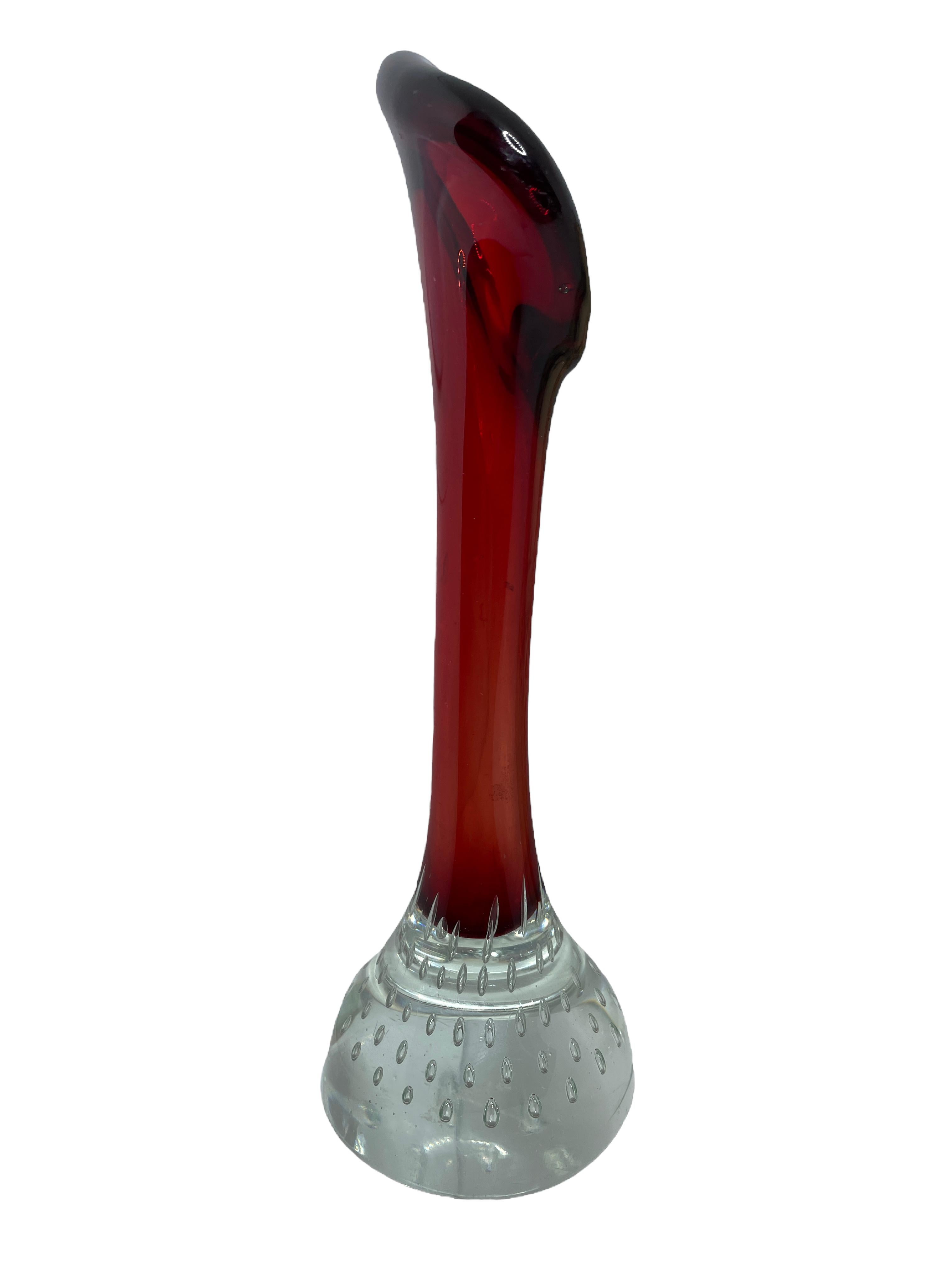 Hand-Crafted Midcentury Red & Clear Single Flower Sommerso Murano Glass Vase, Italy For Sale