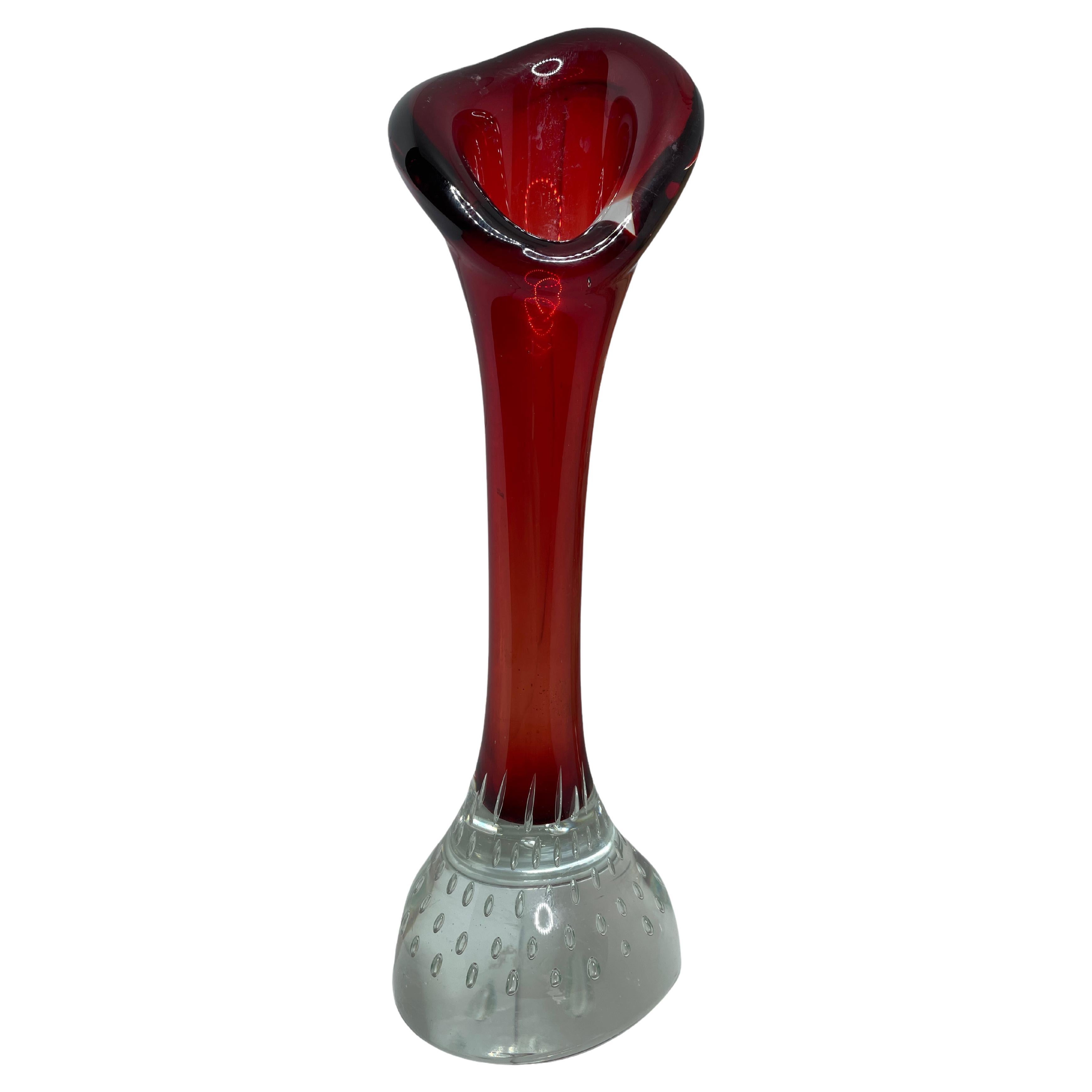 Midcentury Red & Clear Single Flower Sommerso Murano Glass Vase, Italy