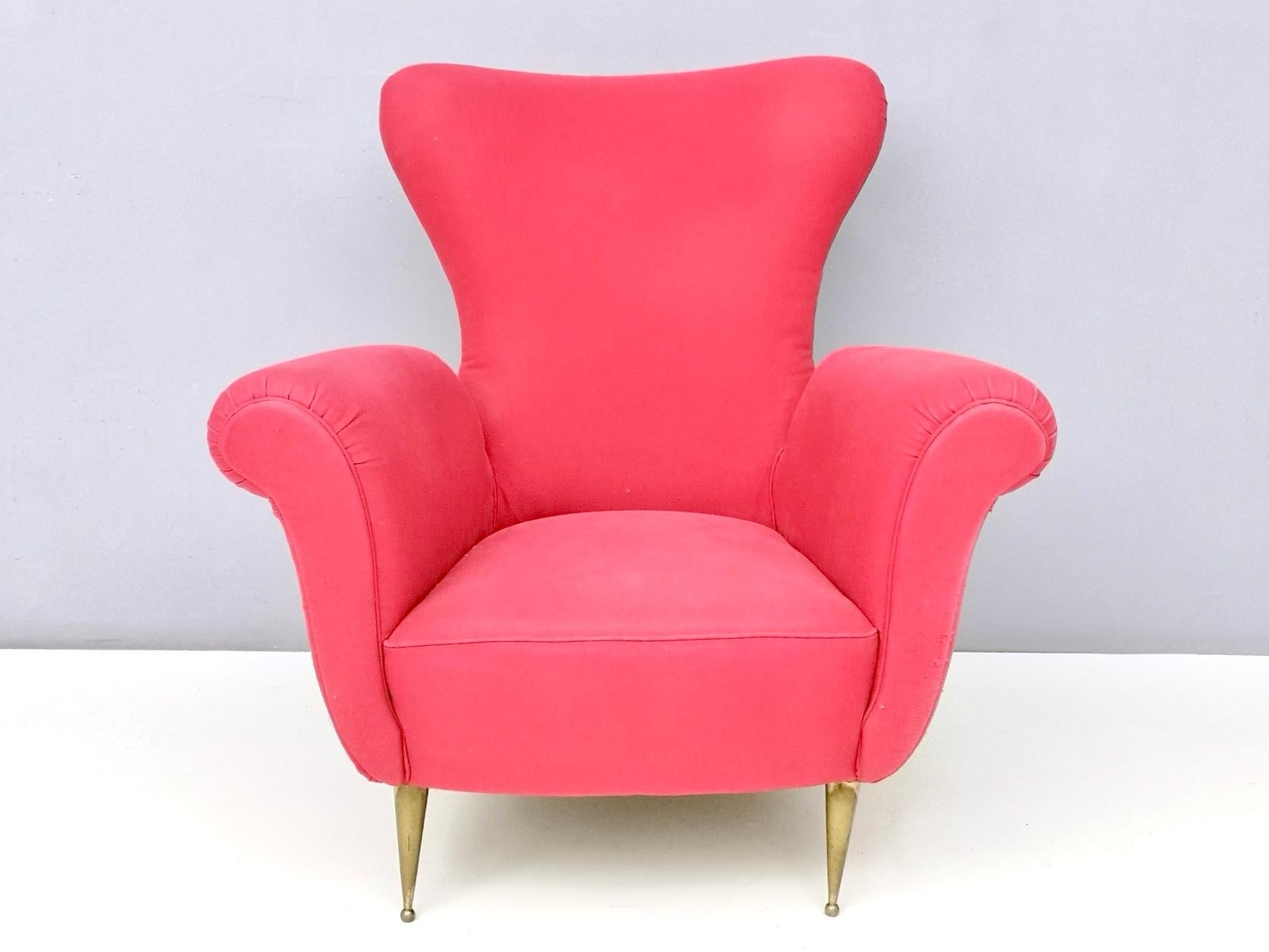 Mid-Century Modern Vintage Wingback Red Cotton Armchair with Brass Feet, Italy For Sale