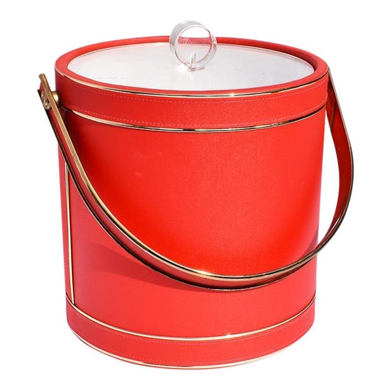 Mid-Century Modern Midcentury Red Ice Bucket with Lucite Lid and Brass Details after Georges Briard For Sale
