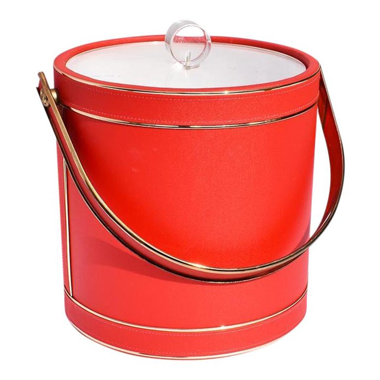 Midcentury Red Ice Bucket with Lucite Acrylic Top with Handle and Brass