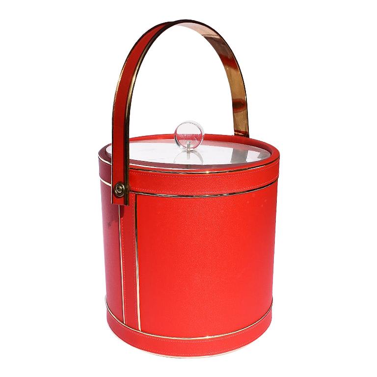Midcentury Red Ice Bucket with Lucite Lid and Brass Details after Georges Briard