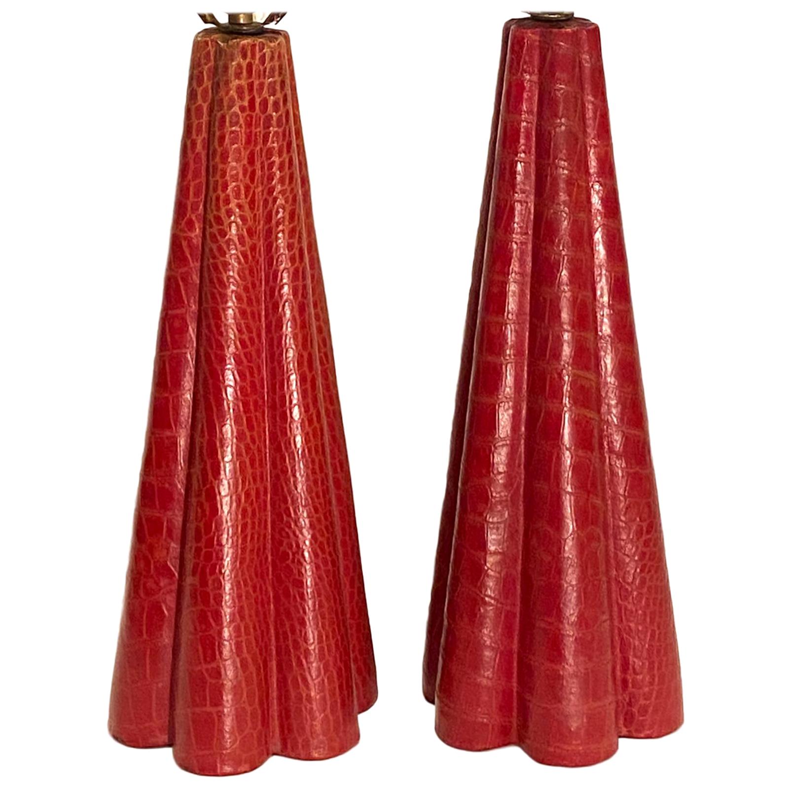 Midcentury Red Leather Table Lamps