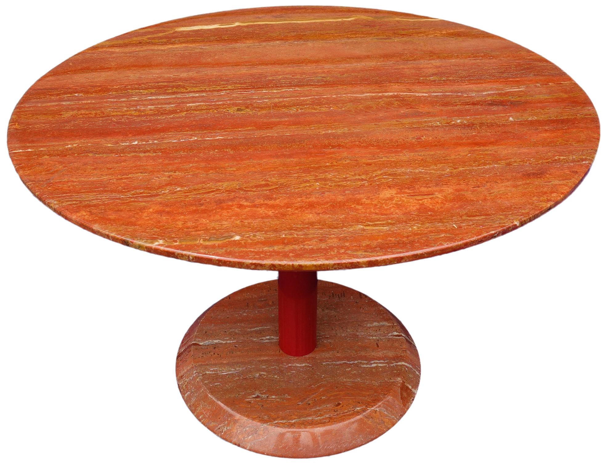 This stunning red marble table and red enabled steel stem was produced in Italy, 1970s. Featuring a marble top and base both beveled in reverse with the top having a knife edge. This midcentury table works well with Memphis Milano, space-age, pop,